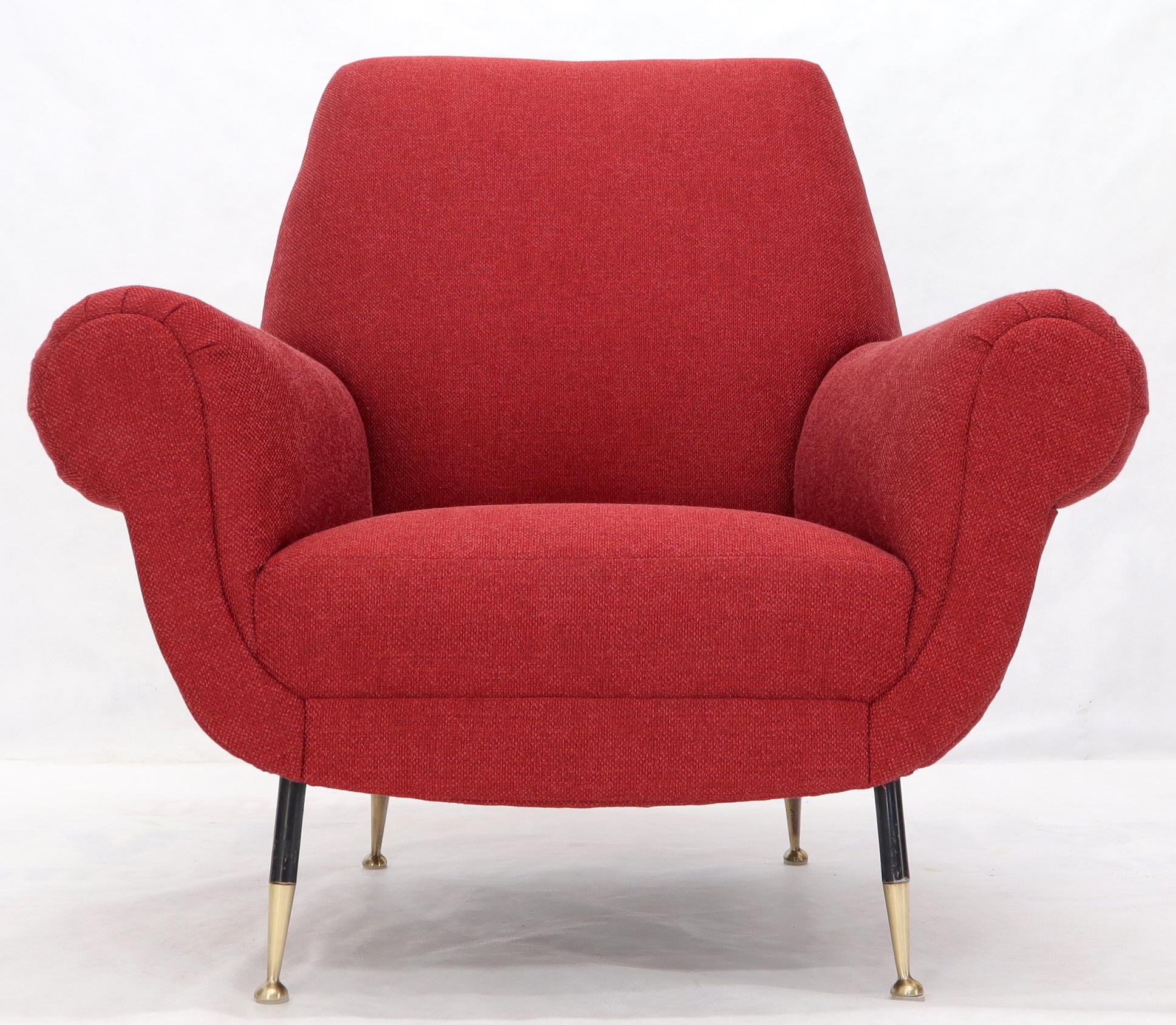 Pair of Red New Red Upholstery Italian Lounge Chairs Brass Feet For Sale 5