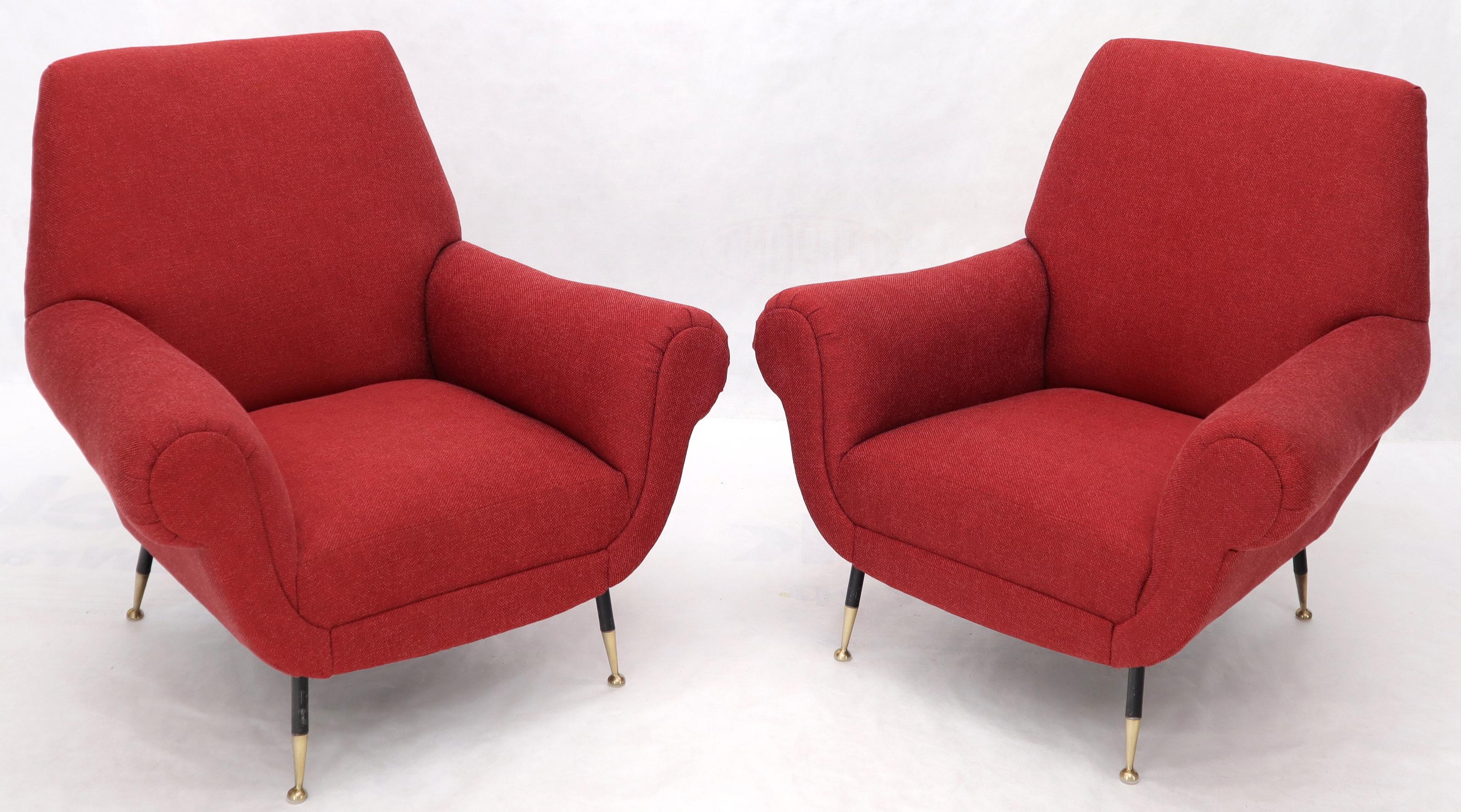 Mid-Century Modern Pair of Red New Red Upholstery Italian Lounge Chairs Brass Feet For Sale