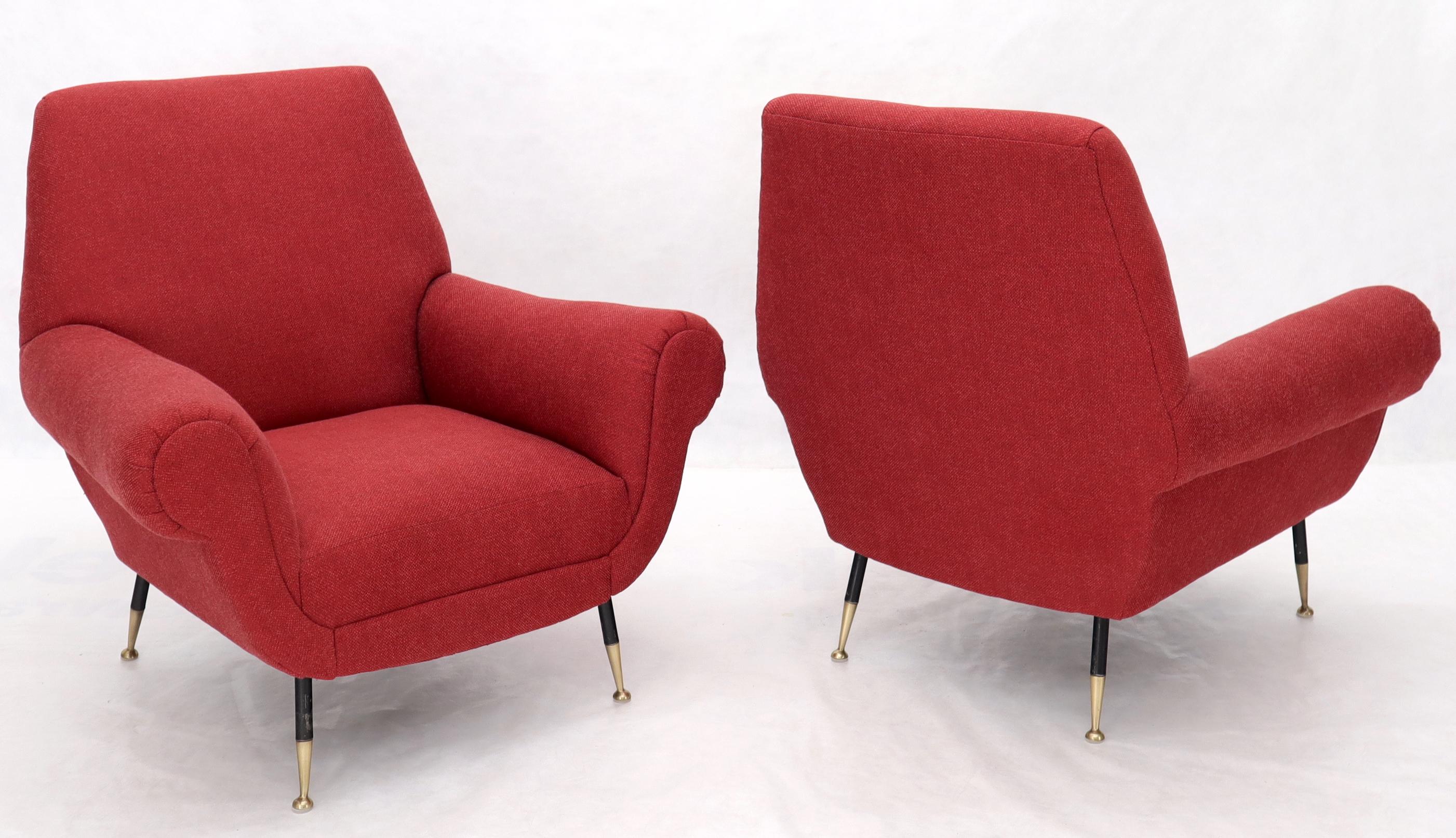 20th Century Pair of Red New Red Upholstery Italian Lounge Chairs Brass Feet For Sale
