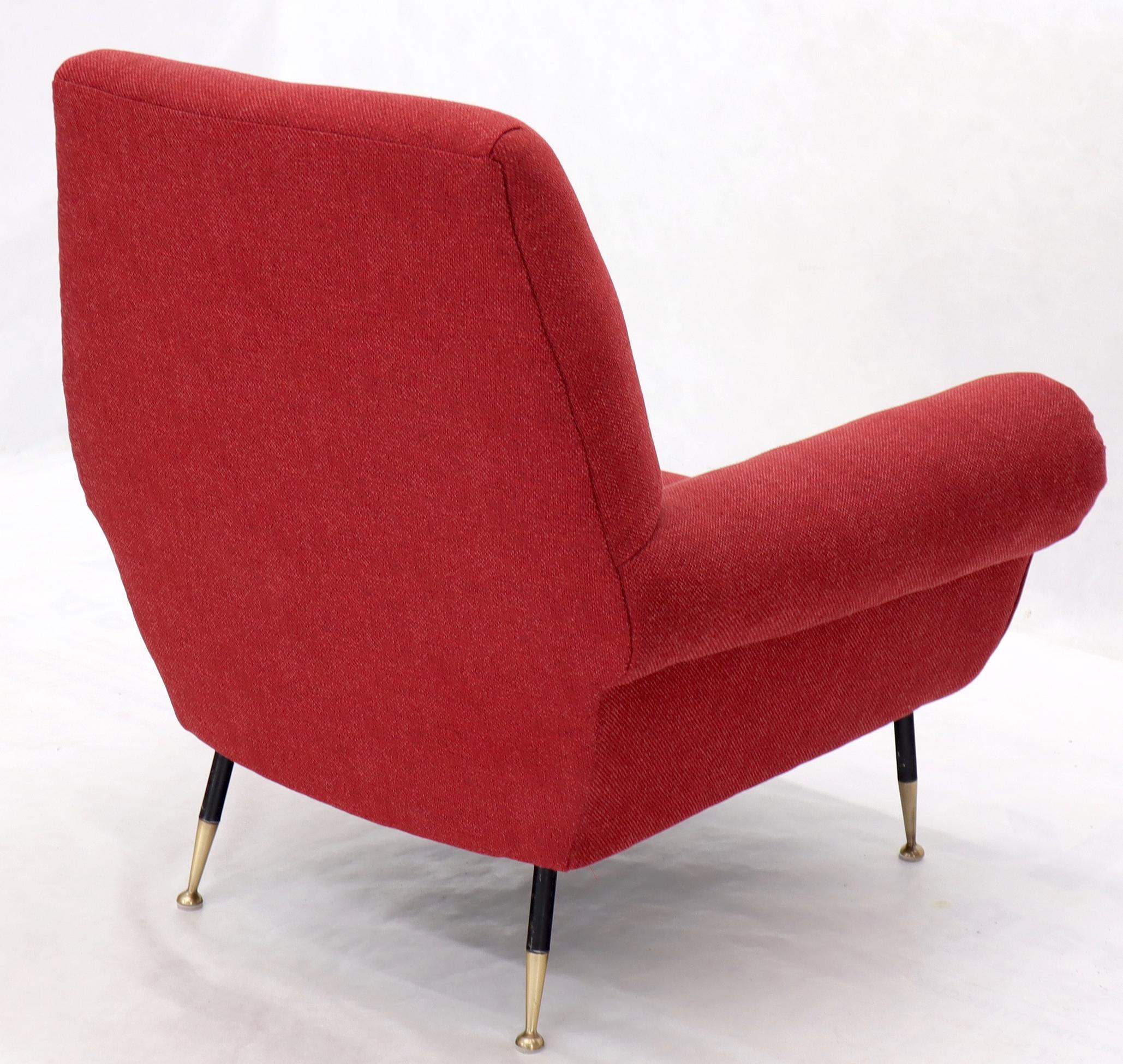 Pair of Red New Red Upholstery Italian Lounge Chairs Brass Feet For Sale 1