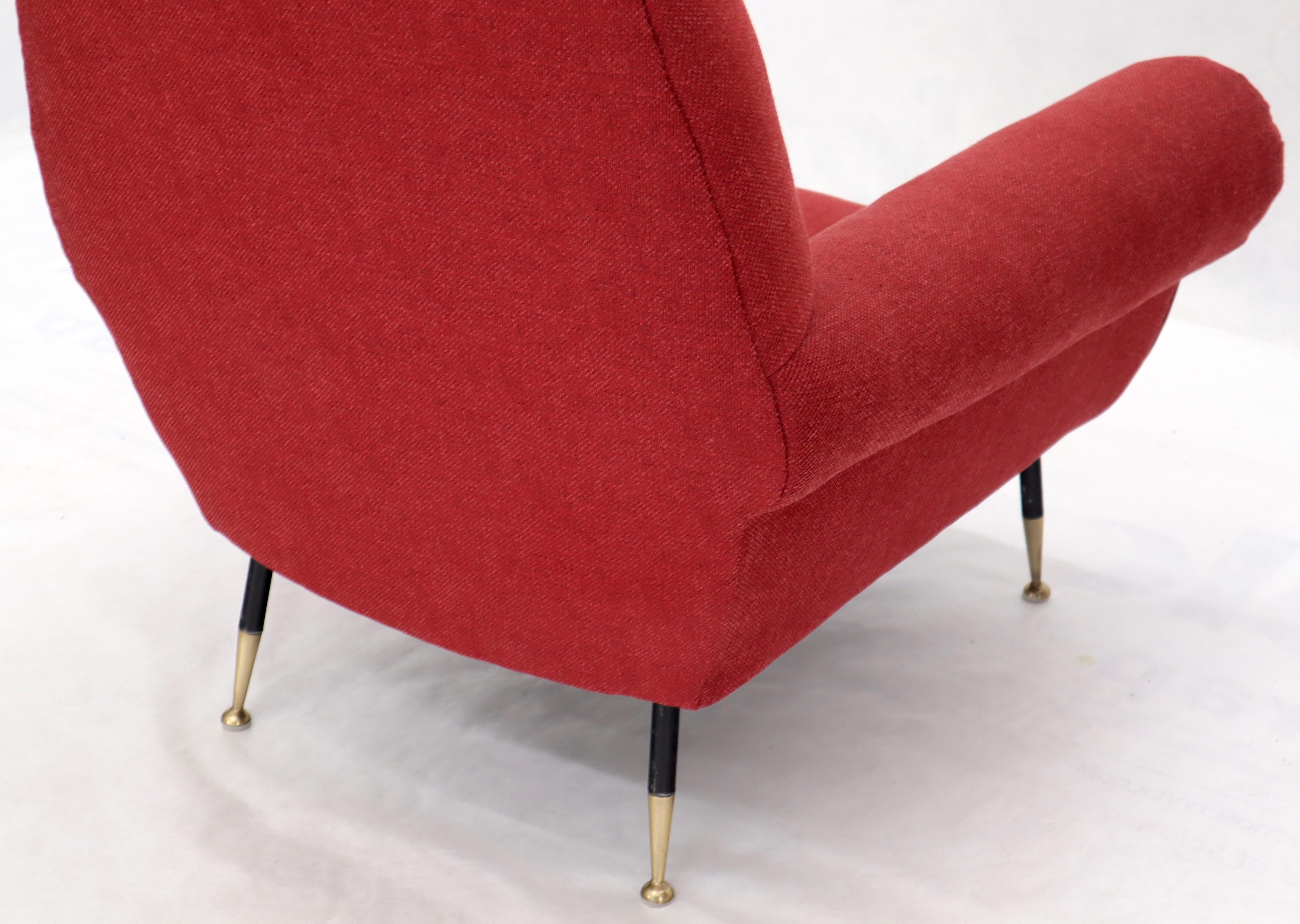 Pair of Red New Red Upholstery Italian Lounge Chairs Brass Feet For Sale 2