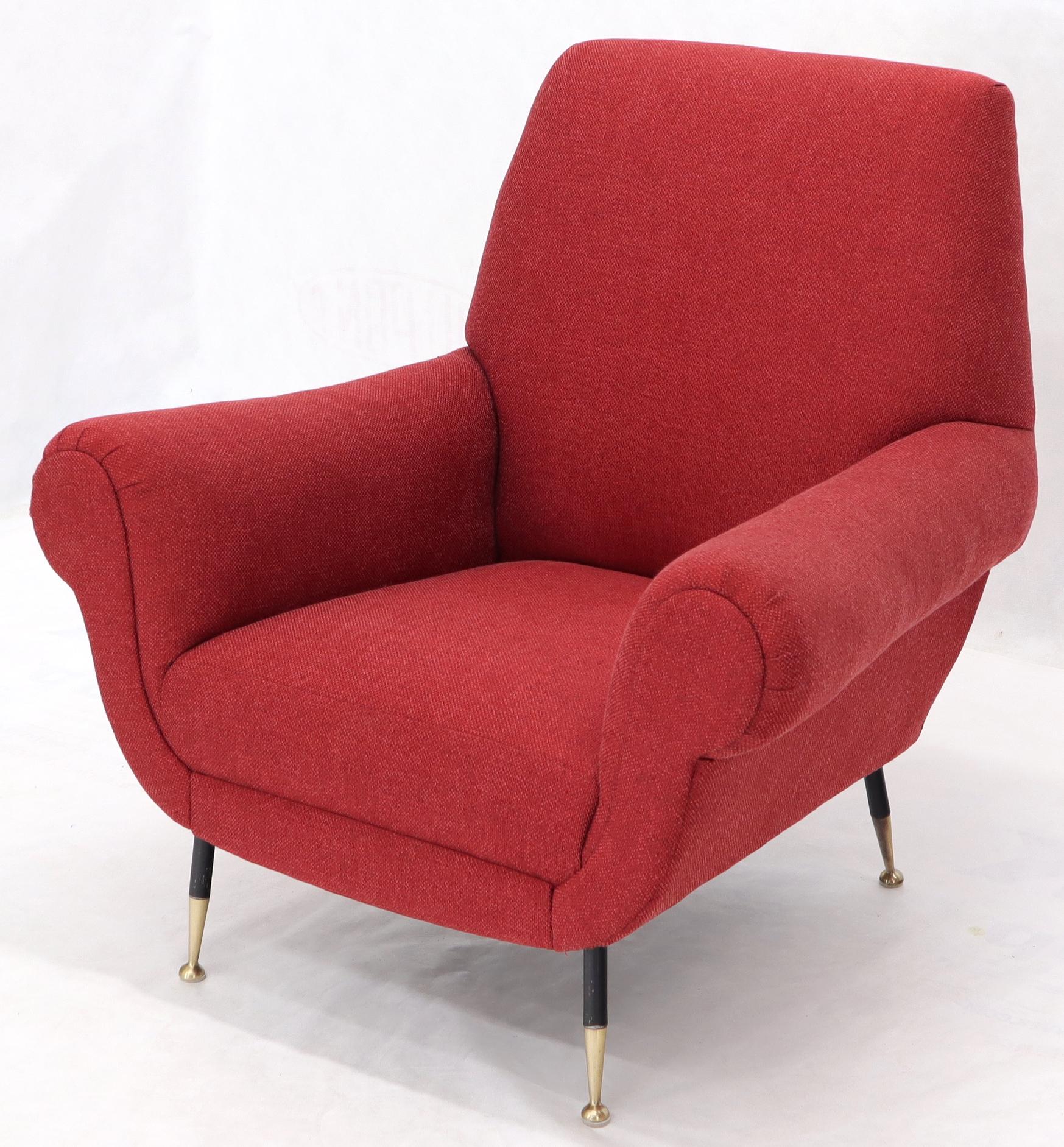 Pair of Red New Red Upholstery Italian Lounge Chairs Brass Feet For Sale 3