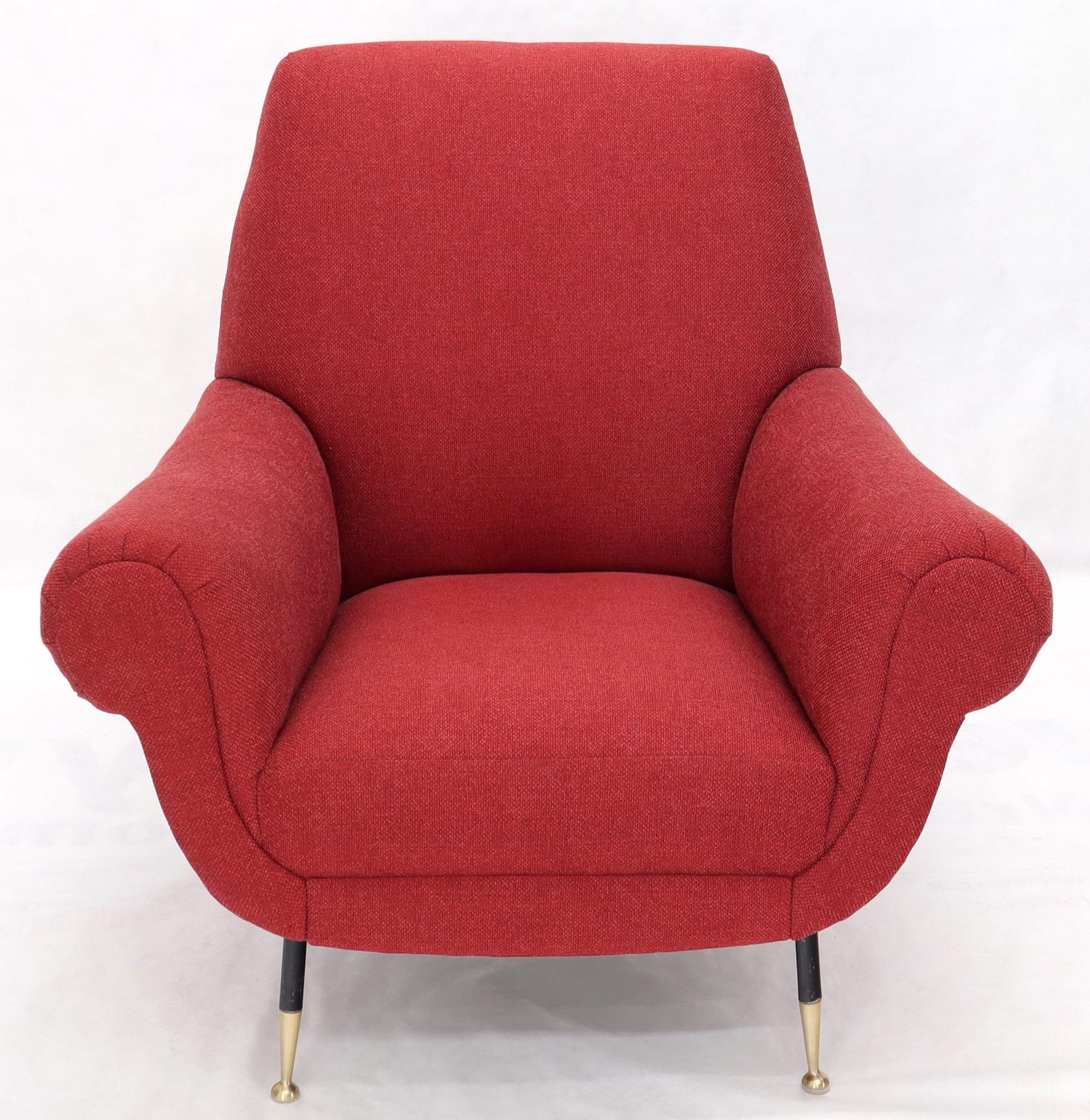 Pair of Red New Red Upholstery Italian Lounge Chairs Brass Feet For Sale 4