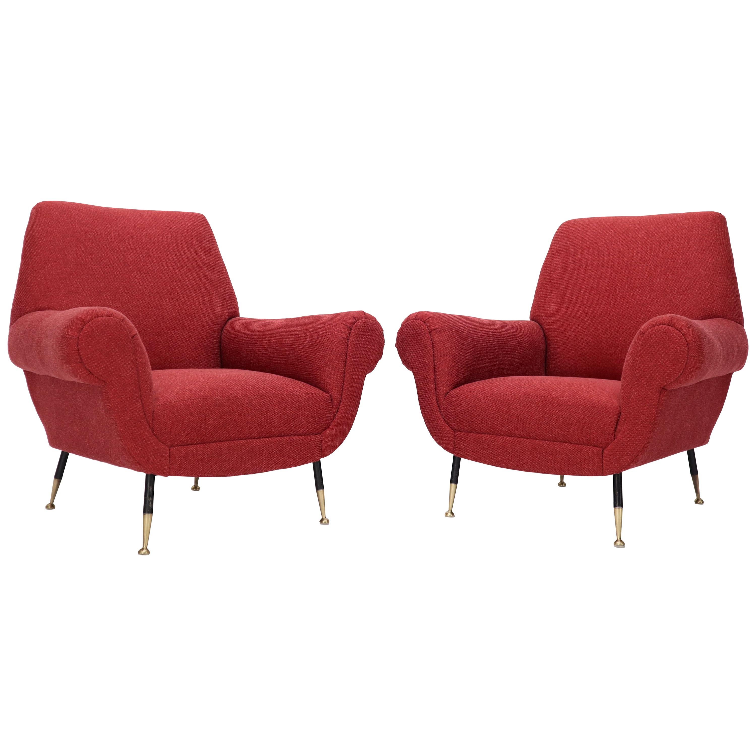 Pair of Red New Red Upholstery Italian Lounge Chairs Brass Feet For Sale