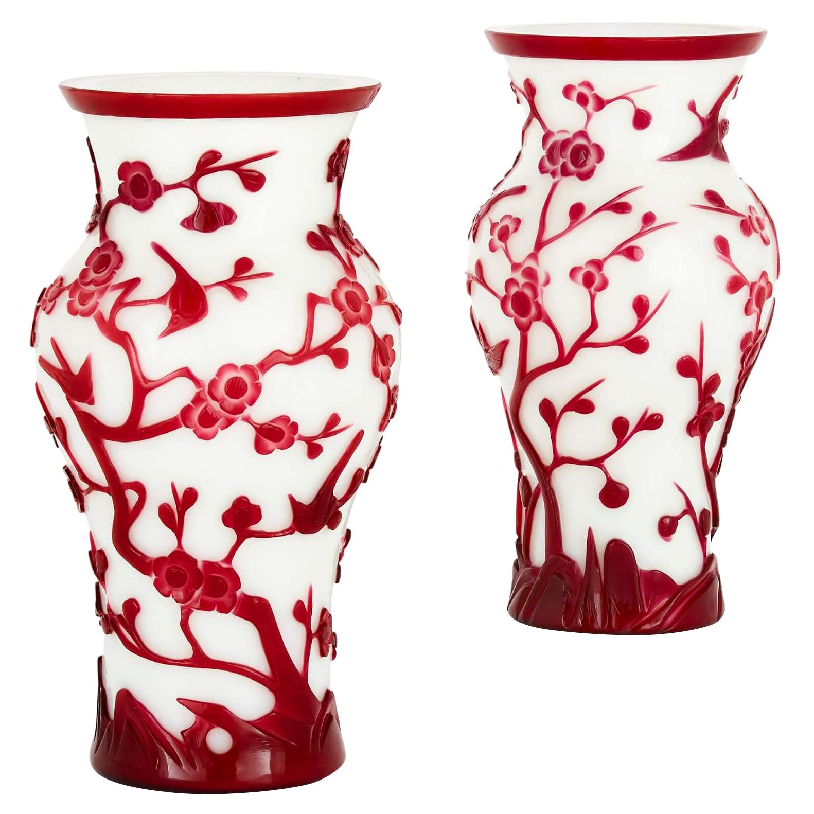 Pair of Red-on-White Chinese Peking Glass Vases