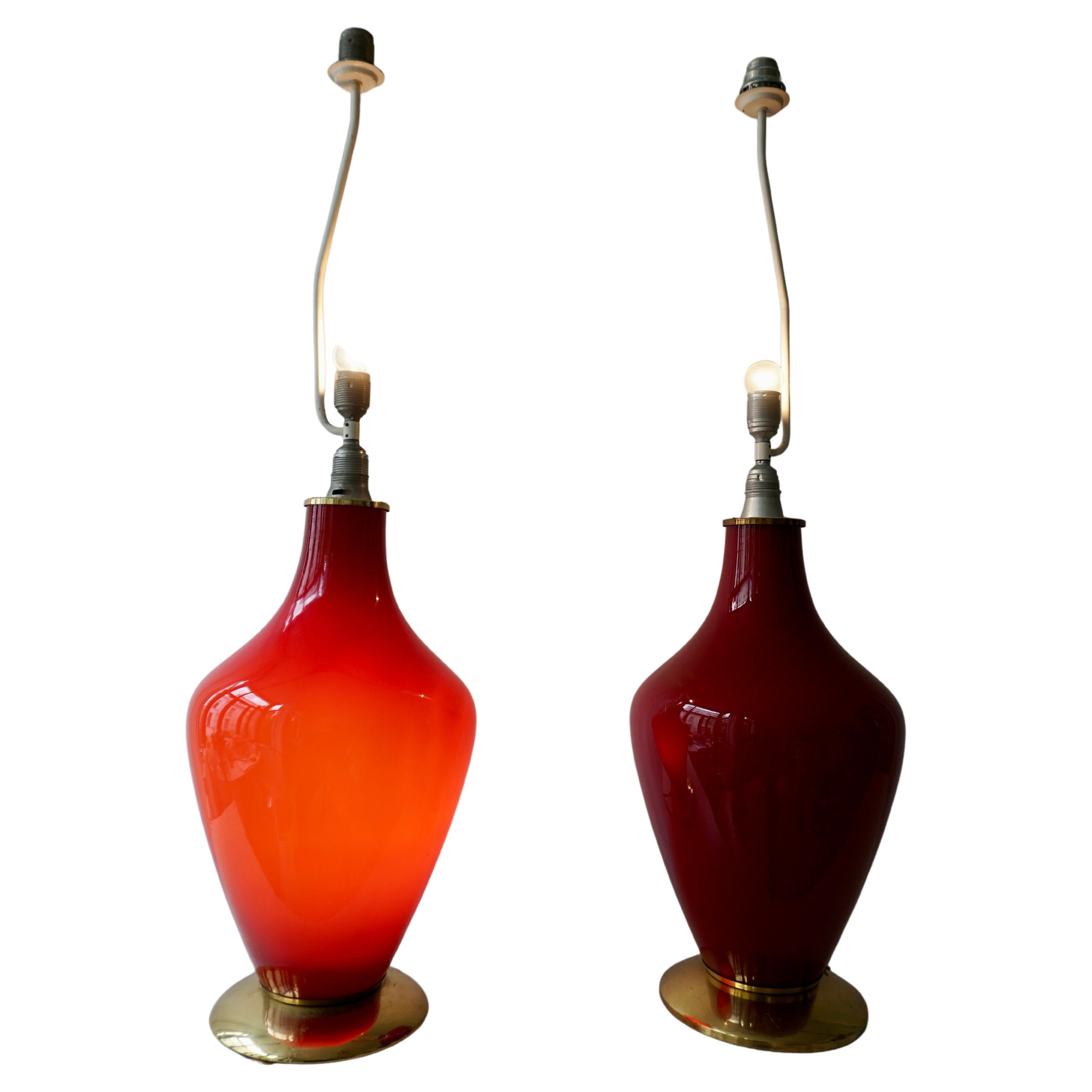 Hollywood Regency Pair of Red Opaline Glass Lamps For Sale
