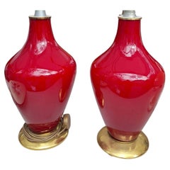 Pair of Italian Red Opaline Glass Floor Lamps, Brass Base, 1970s