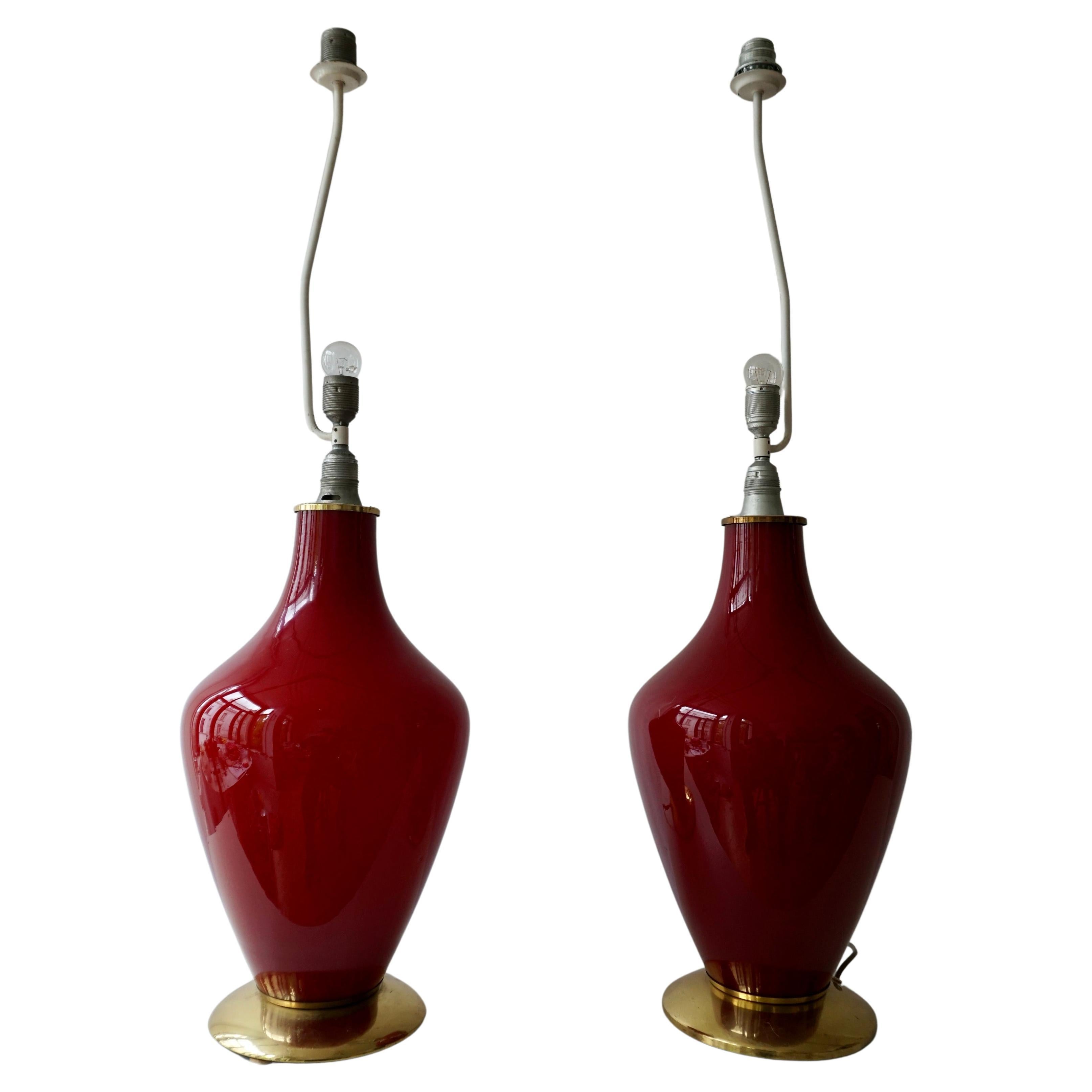 Pair of Red Opaline Glass Lamps For Sale