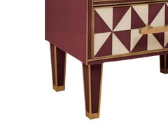 Pair of Red "Optical" Murano Glass Bedside Tables with Brass Trim, 1950s Style