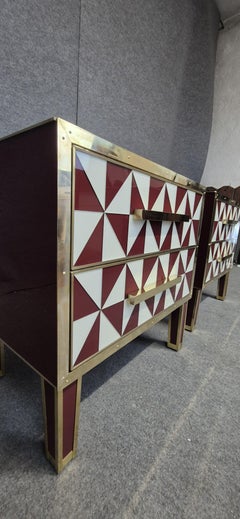 Pair of Red "Optical" Murano Glass Bedside Tables with Brass Trim, 1950s Style