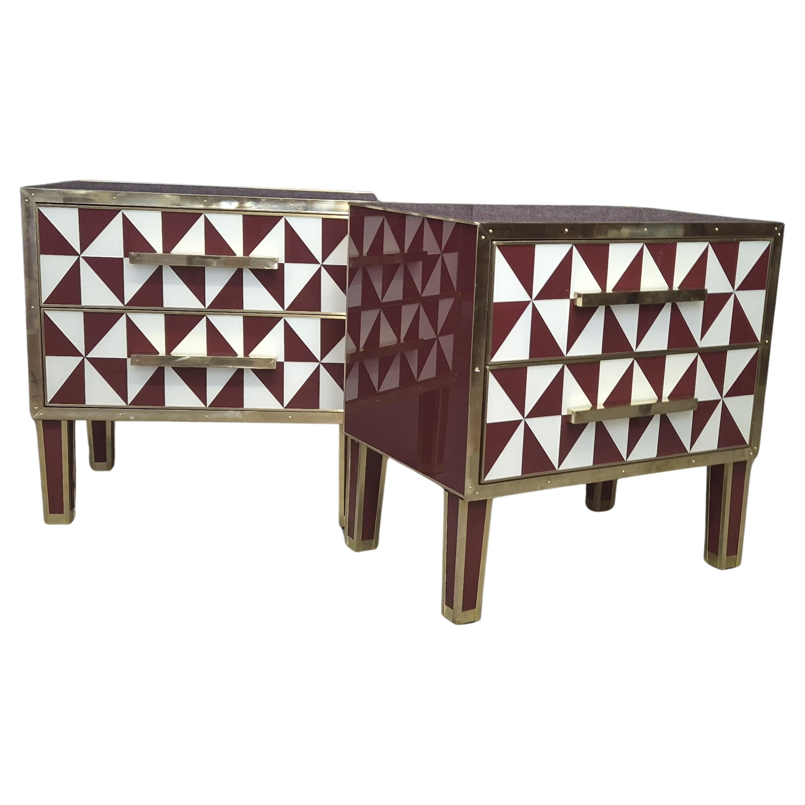 Pair of Red "Optical" Murano Glass Bedside Tables with Brass Trim, 1950s Style