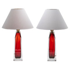 Paar rote Orrefors-Tischlampen von Carl Fagerlund