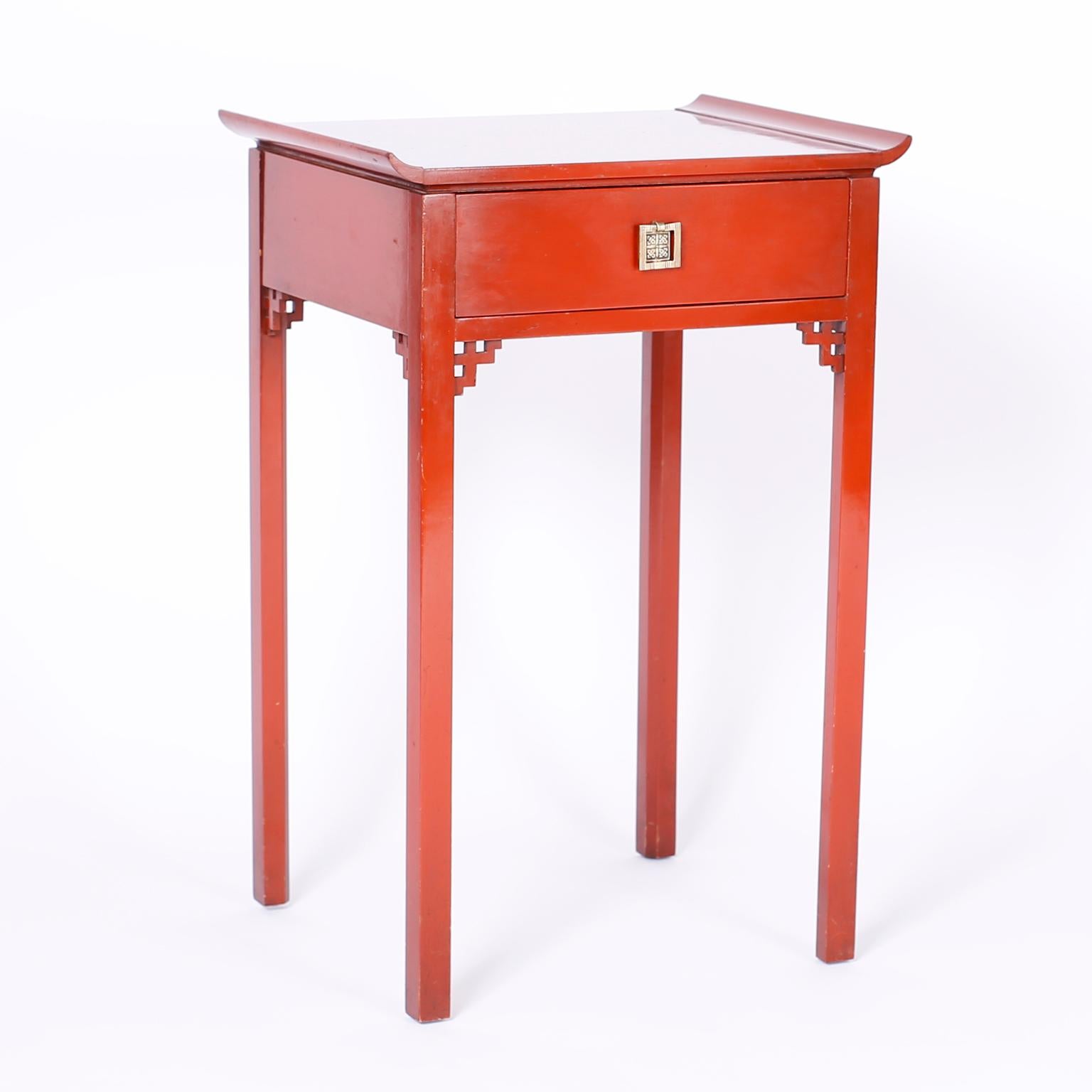 Chinoiserie Pair of Red Pagoda Stands or End Tables