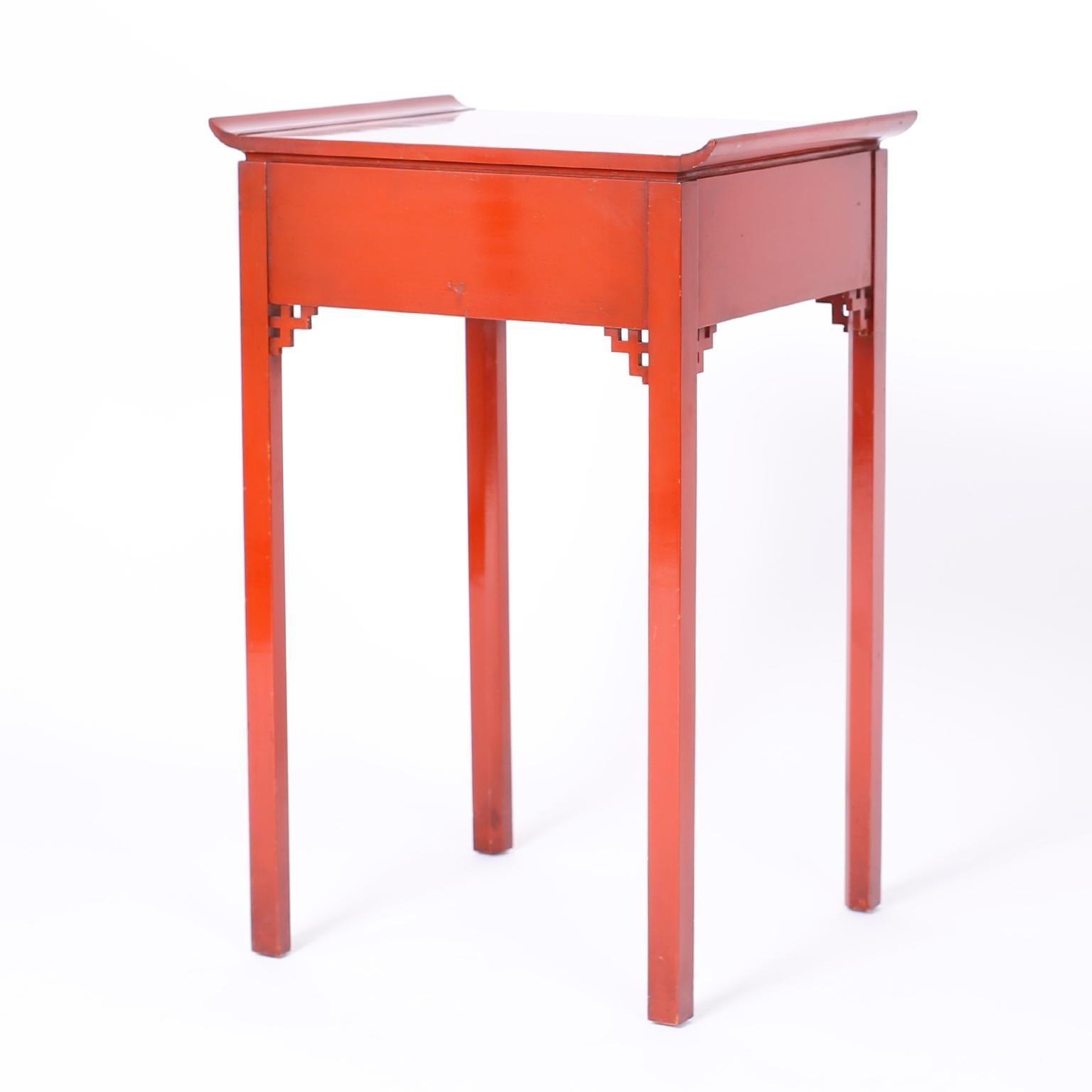 American Pair of Red Pagoda Stands or End Tables
