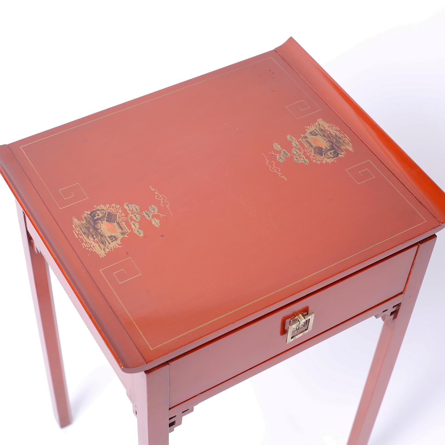 Pair of Red Pagoda Stands or End Tables In Good Condition In Palm Beach, FL