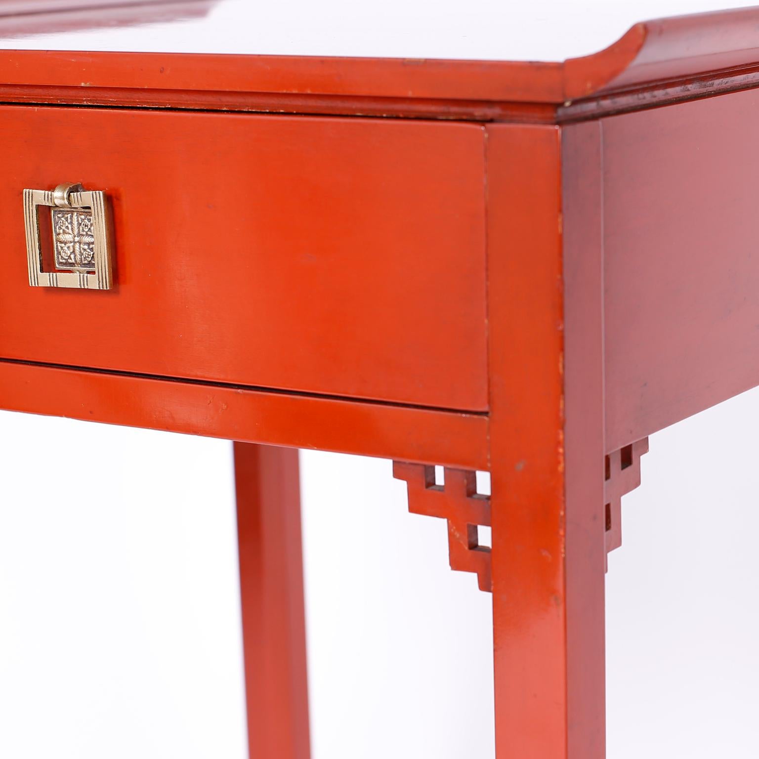 Pair of Red Pagoda Stands or End Tables 1