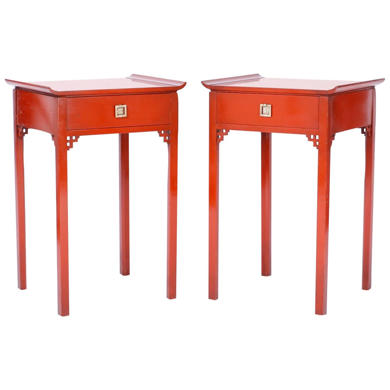 Pair of Red Pagoda Stands or End Tables