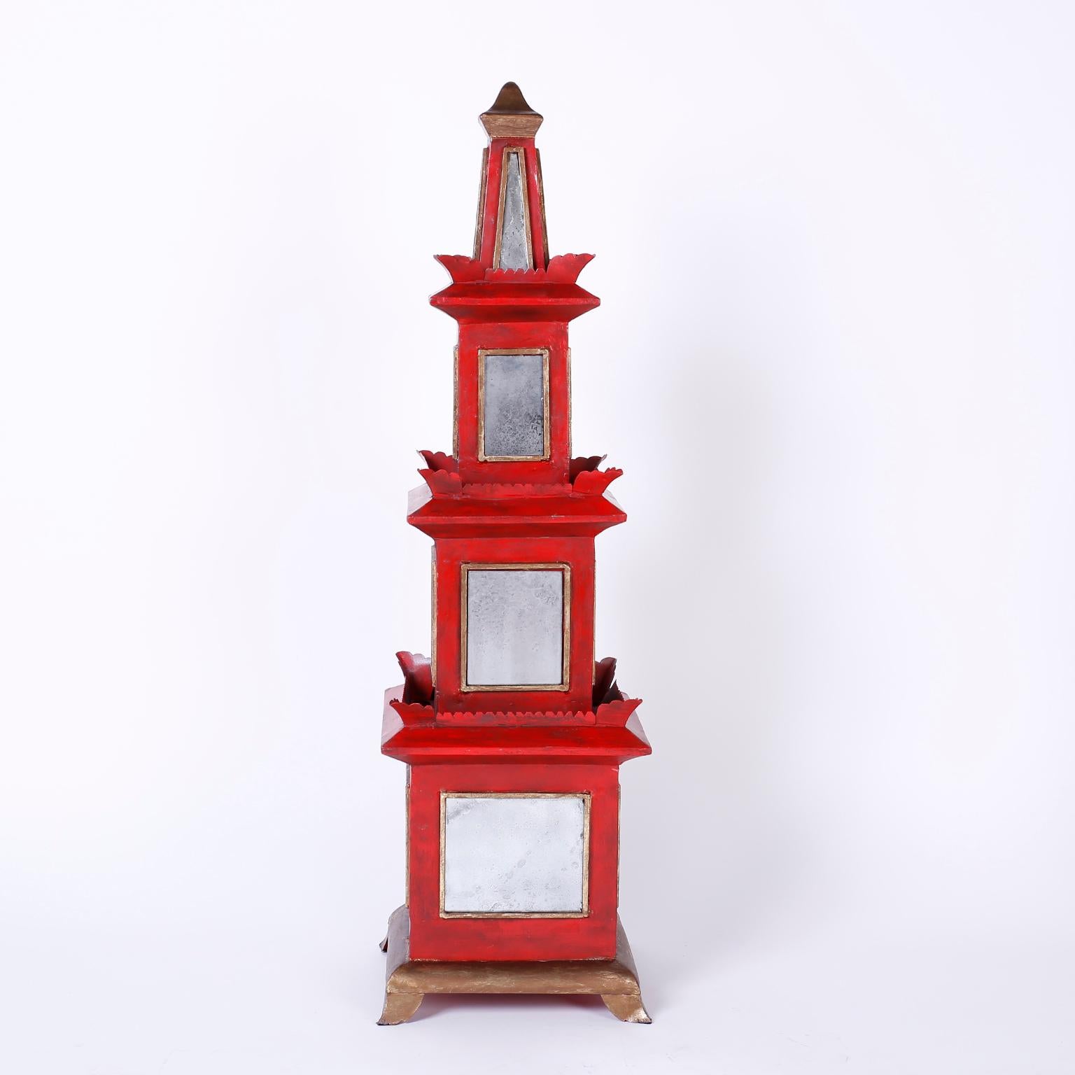 Chinoiserie Pair of Red Painted and Mirrored Pagodas