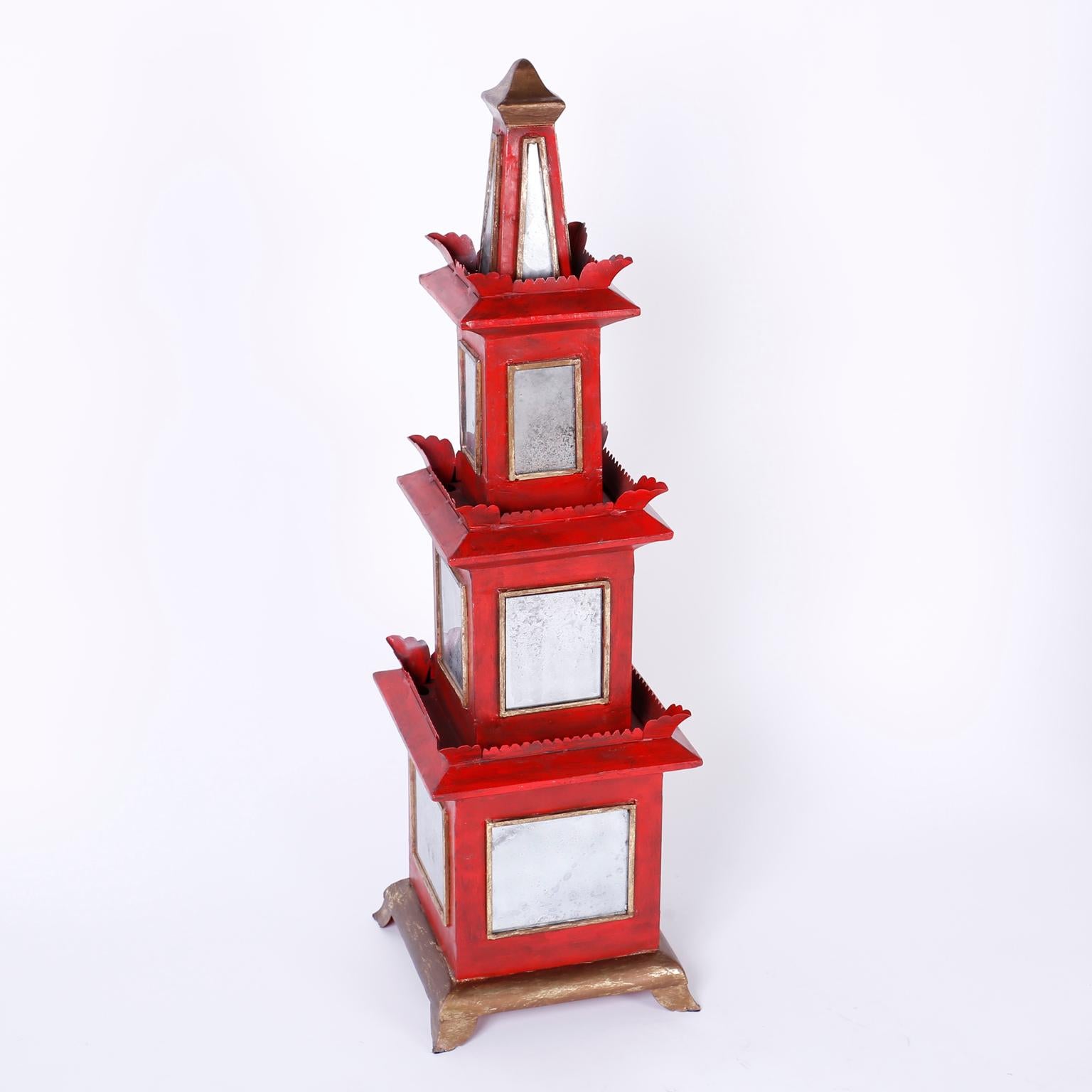 Italian Pair of Red Painted and Mirrored Pagodas