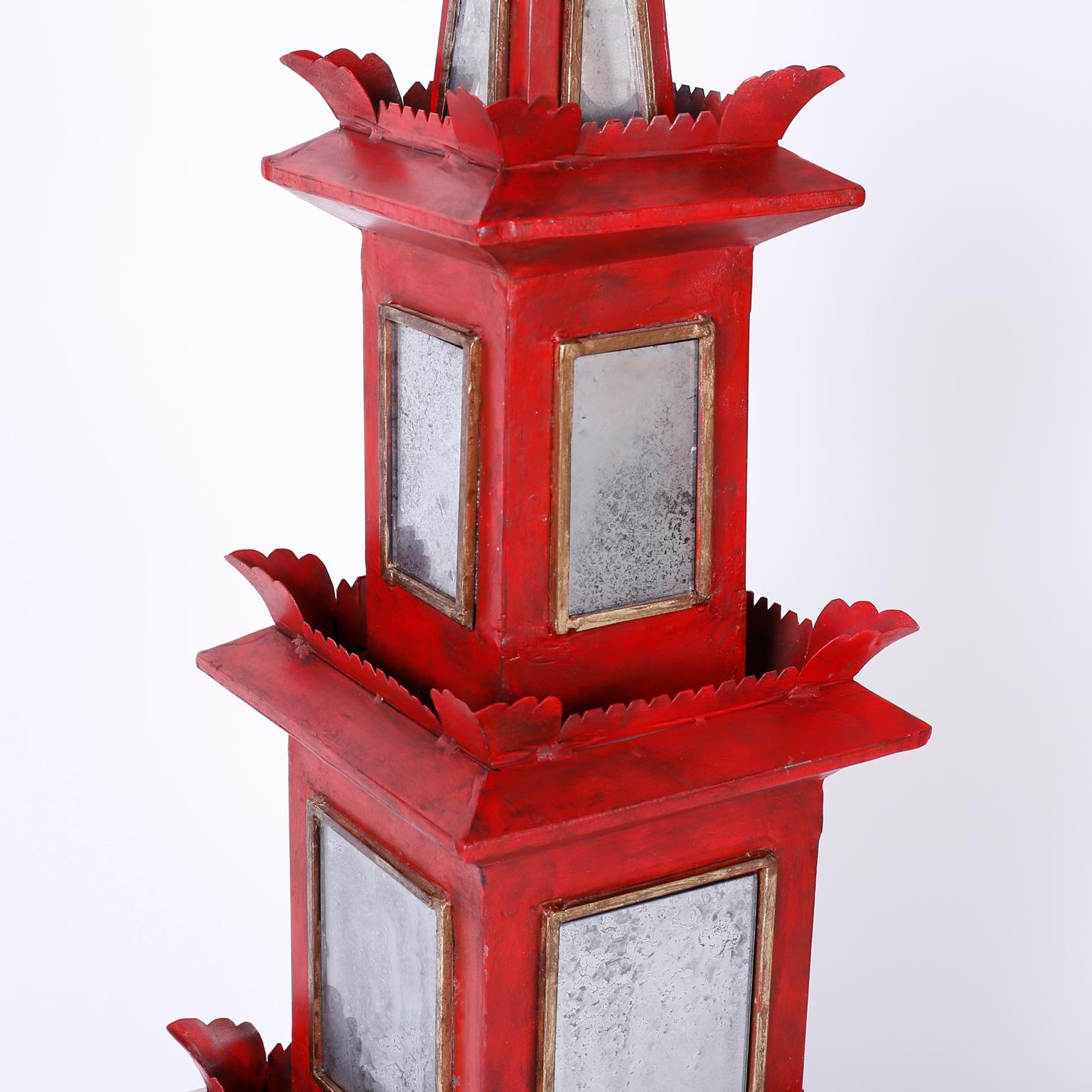 20th Century Pair of Red Painted and Mirrored Pagodas