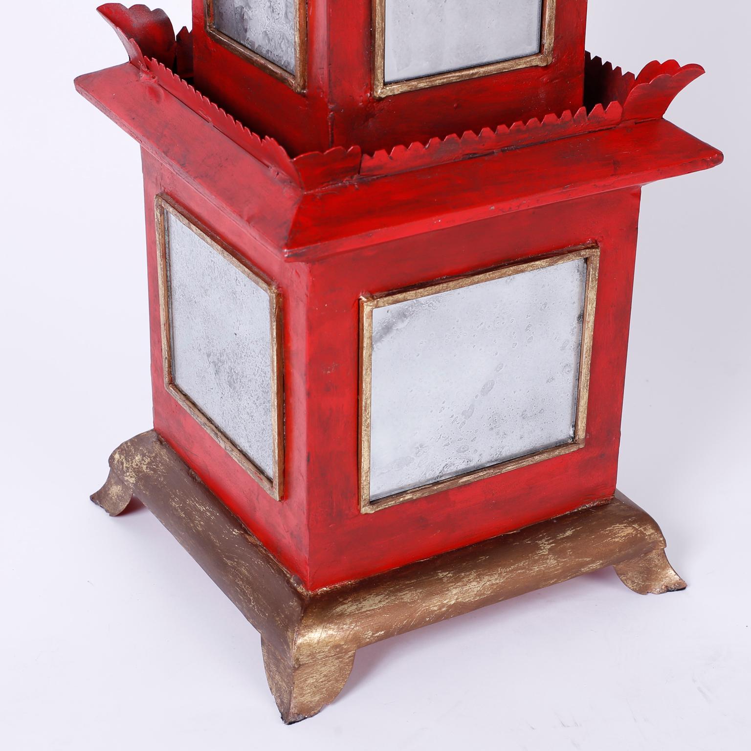 Pair of Red Painted and Mirrored Pagodas 1