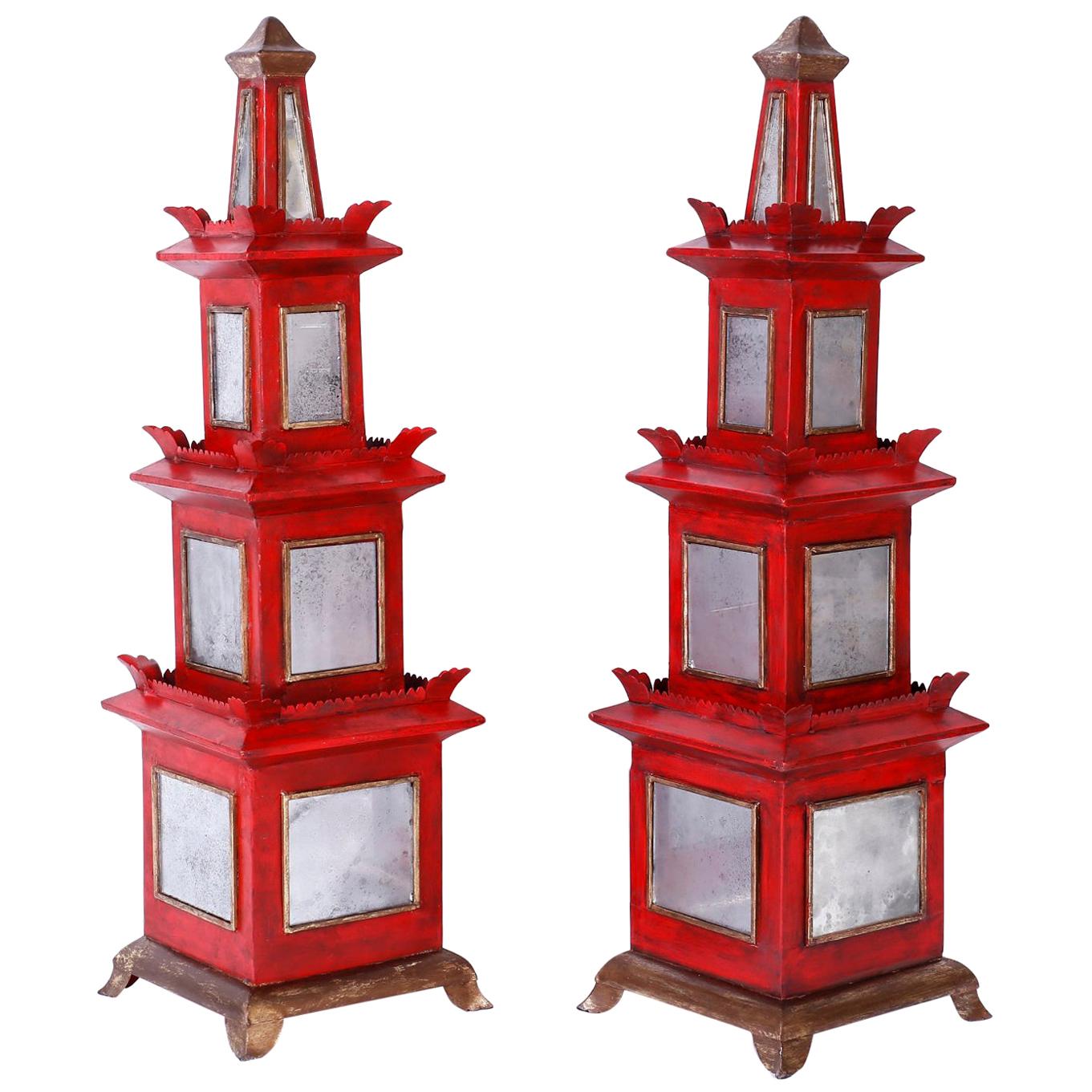 Pair of Red Painted and Mirrored Pagodas
