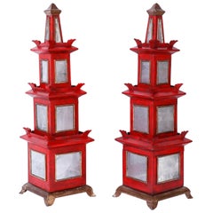 Pair of Red Painted and Mirrored Pagodas