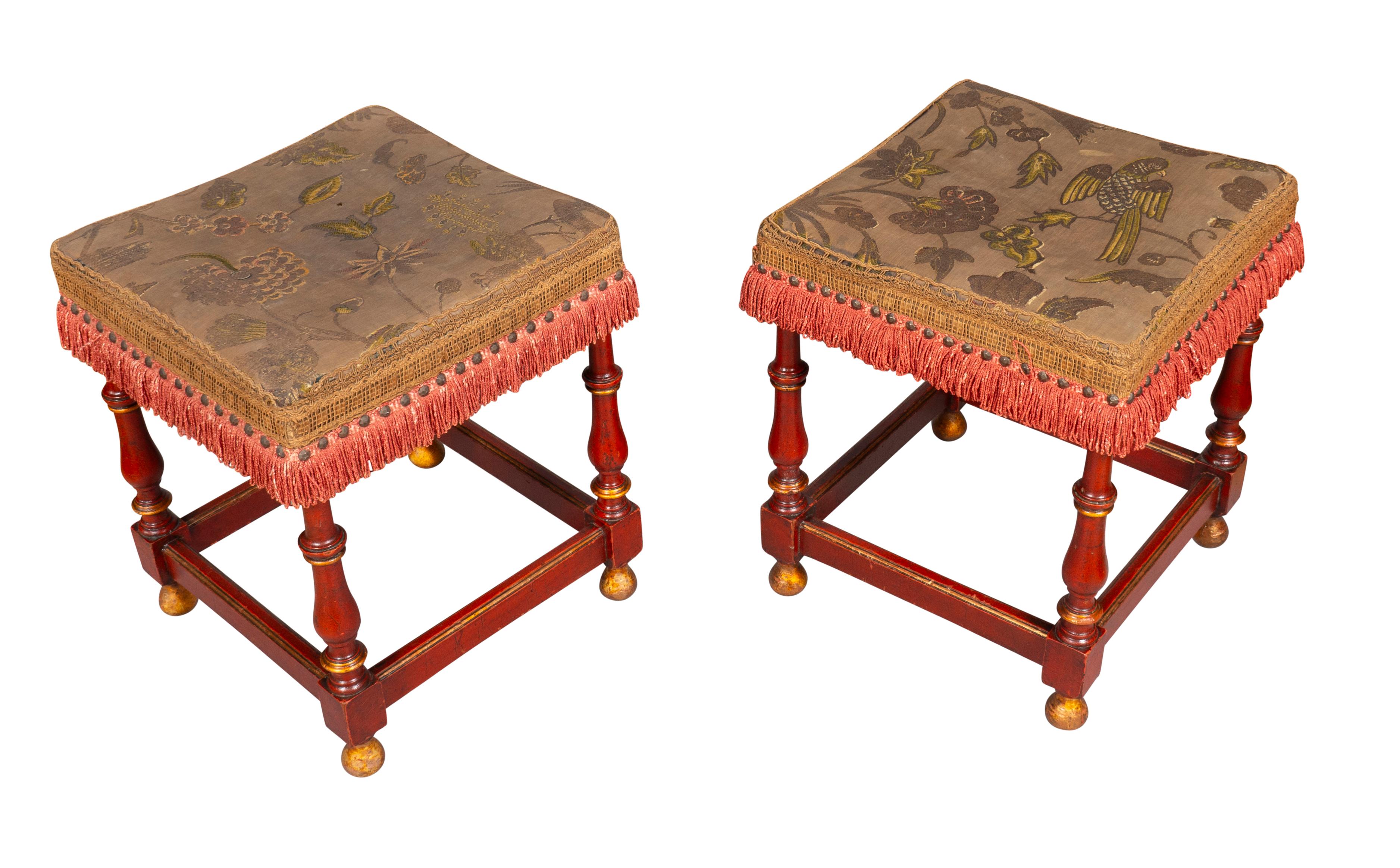 Square with old embroidered seat. Turned legs and stretchers.