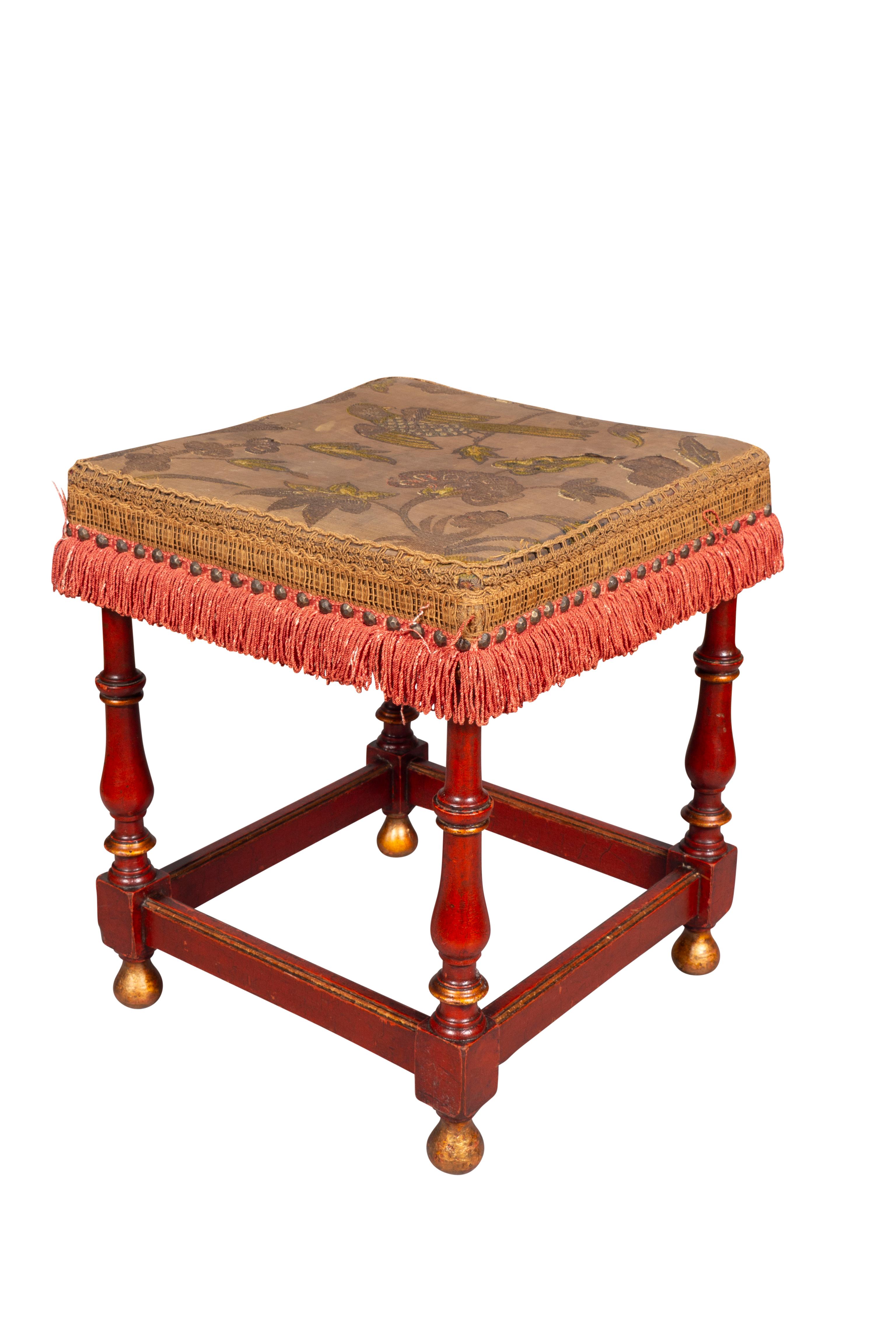 European Pair Of Red Painted Baroque Style Stools