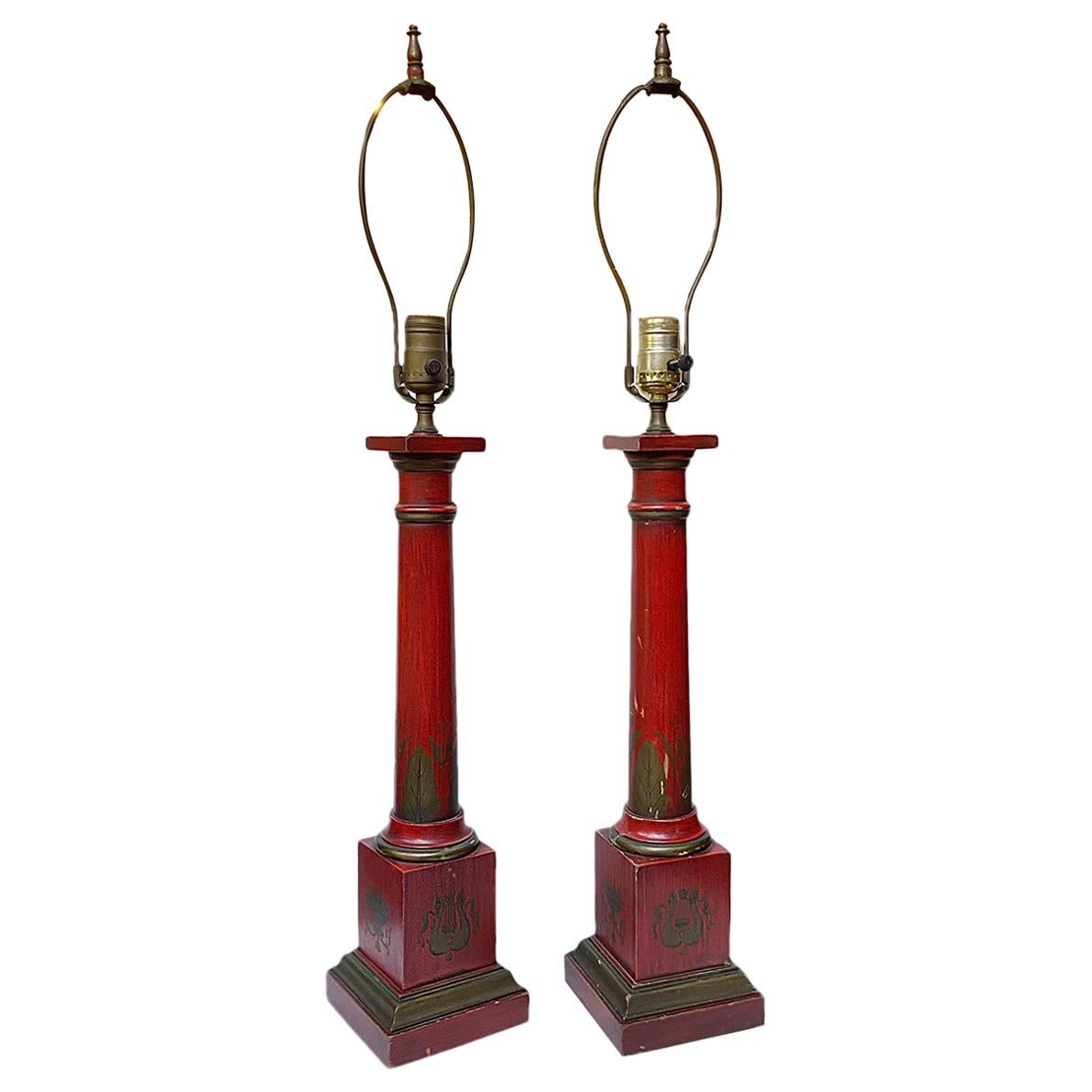 Pair of Red Painted Lamps