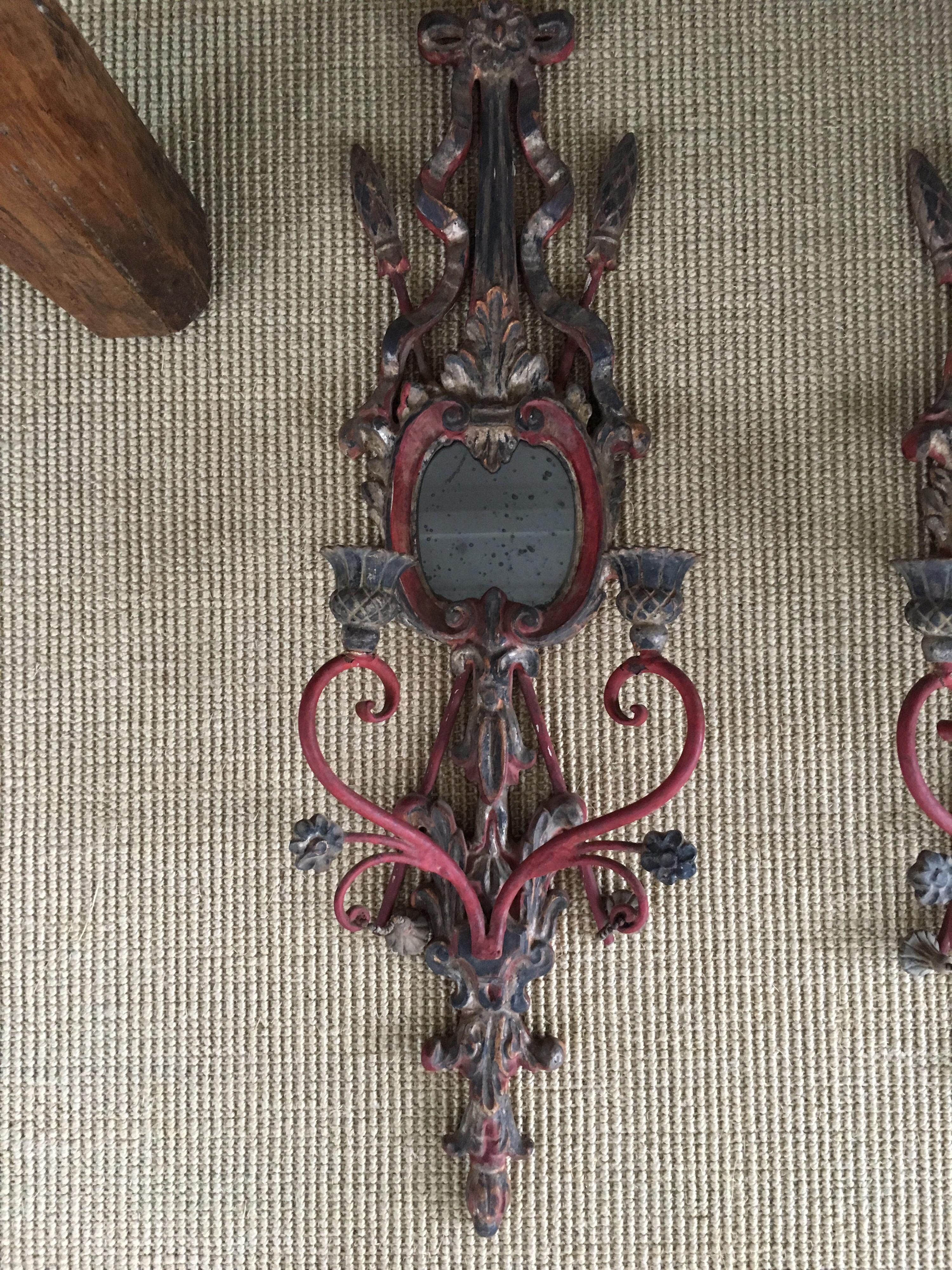 Italian Pair of Red Painted Wood and Iron Candle Wall Sconces