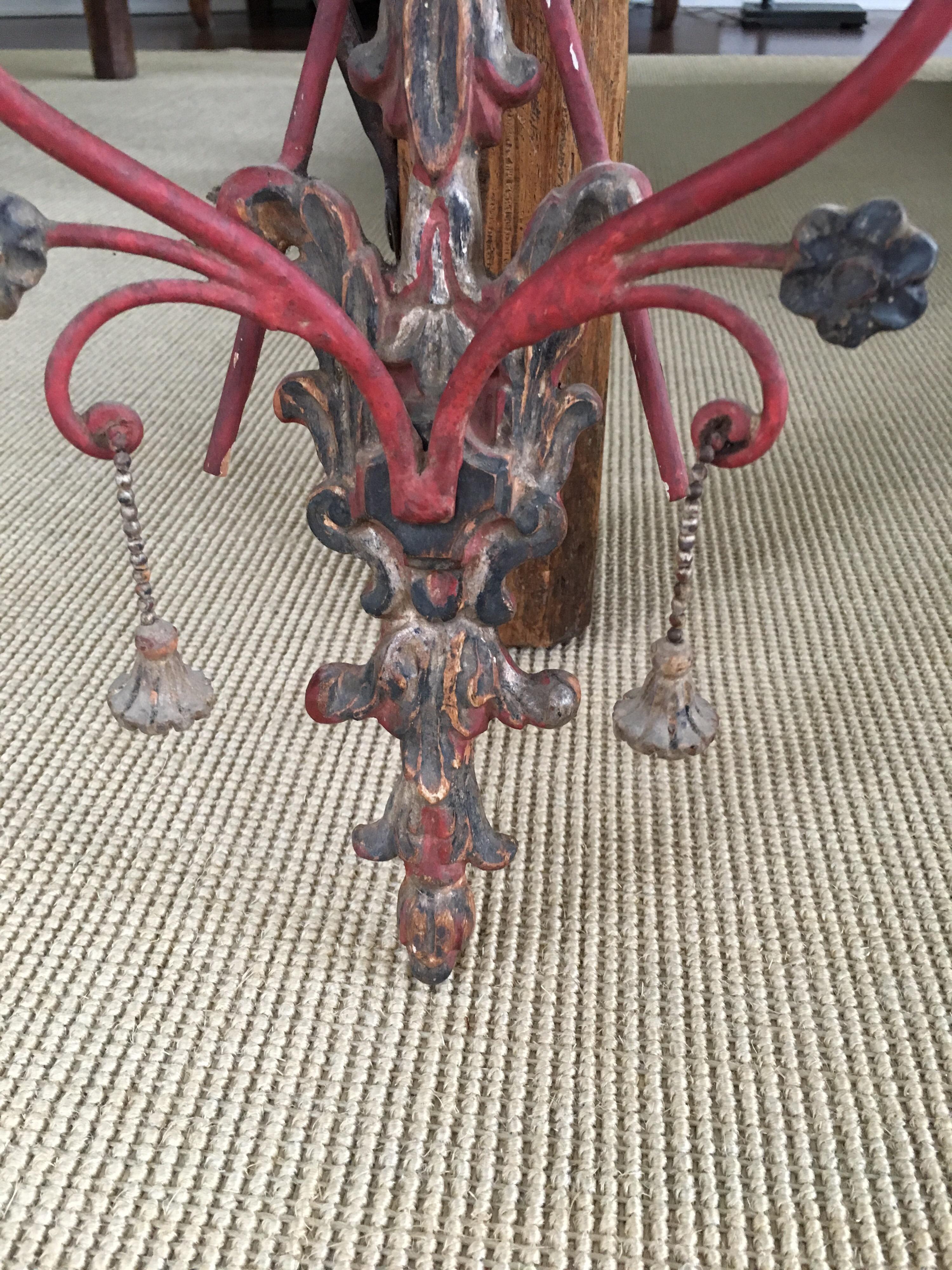 Pair of Red Painted Wood and Iron Candle Wall Sconces 2