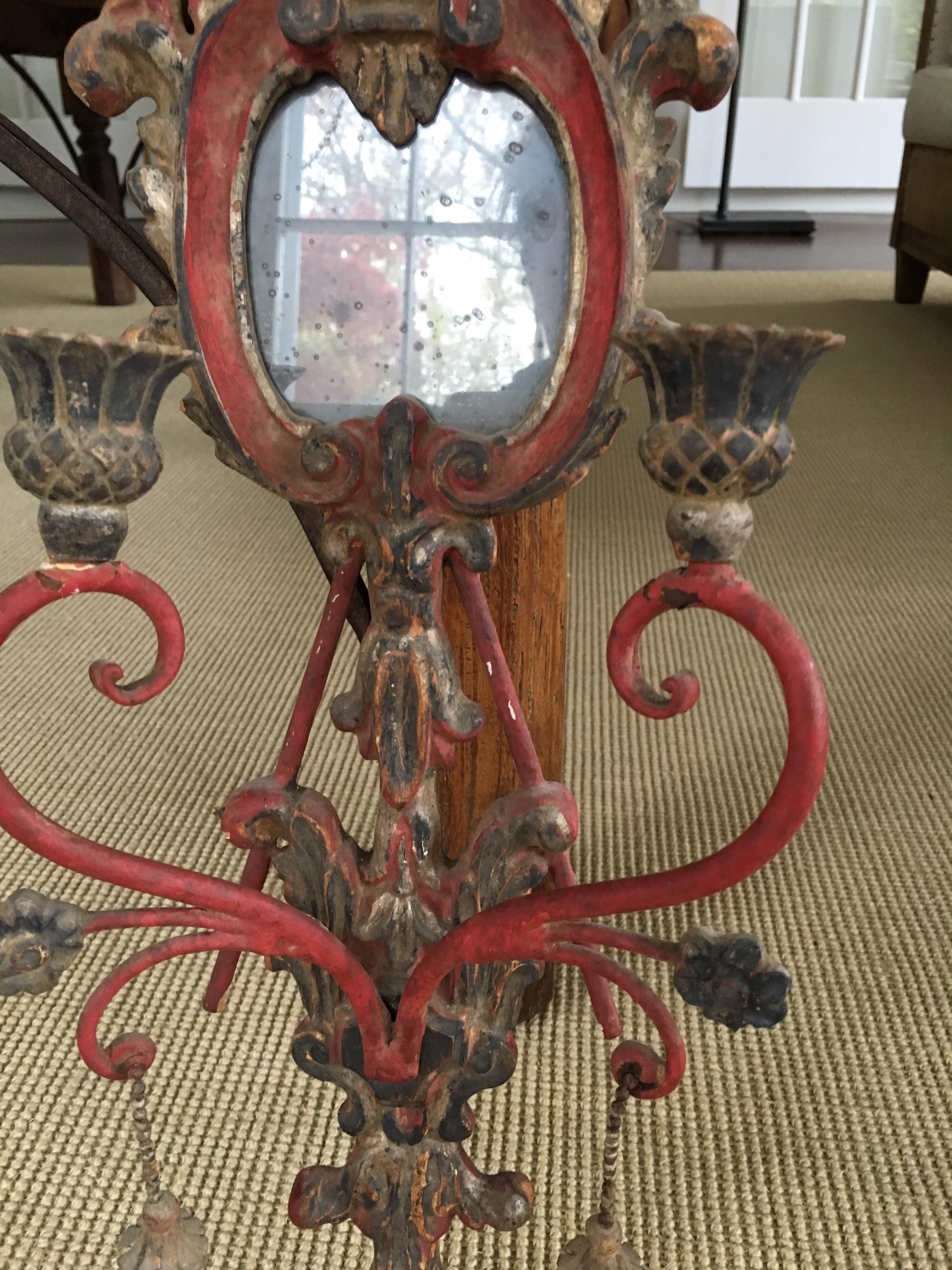 Pair of Red Painted Wood and Iron Candle Wall Sconces 3