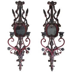 Pair of Red Painted Wood and Iron Candle Wall Sconces