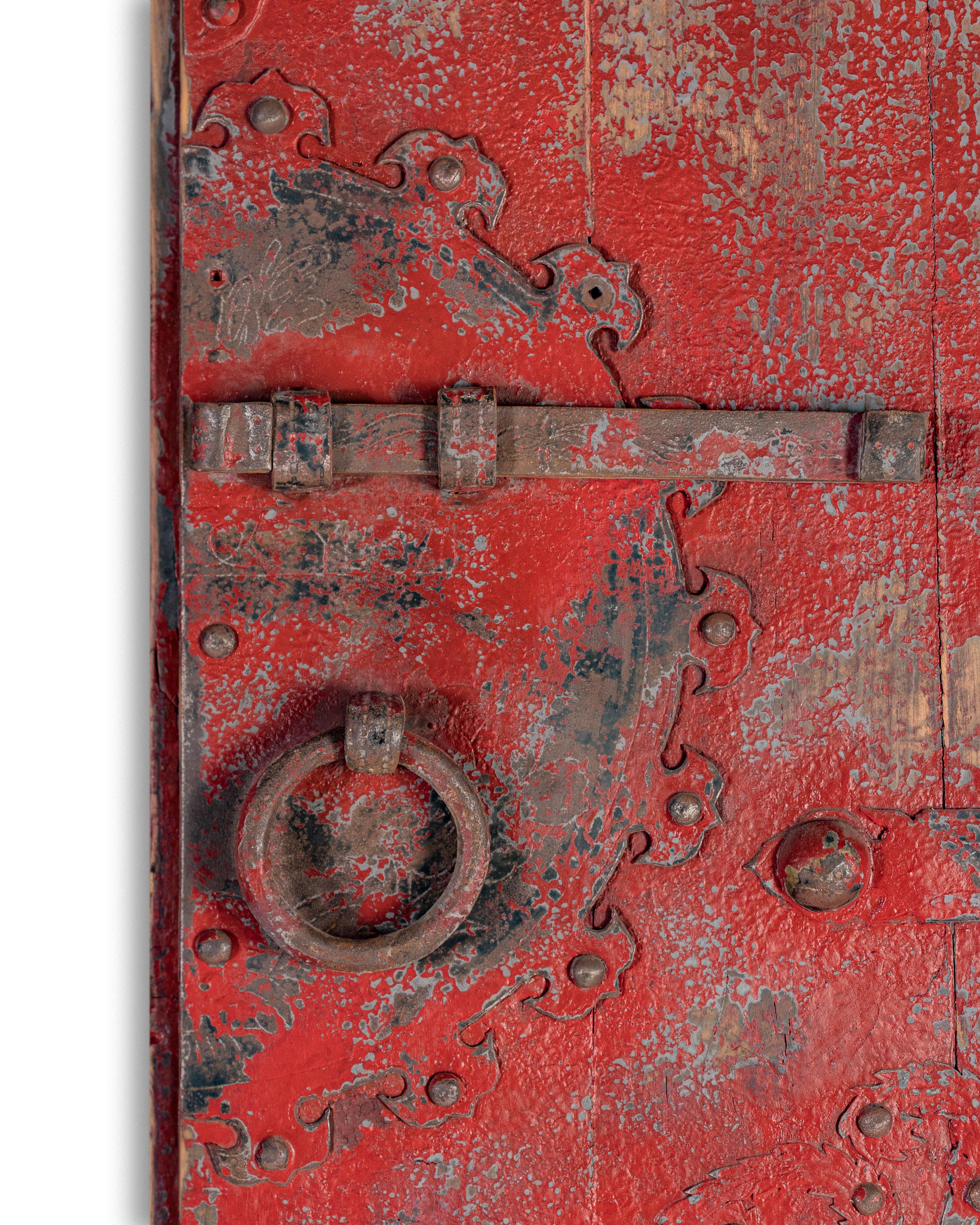 Pair of Red Patina South Asian Doors Repurposed as Wall Decor  In Good Condition In Dallas, TX