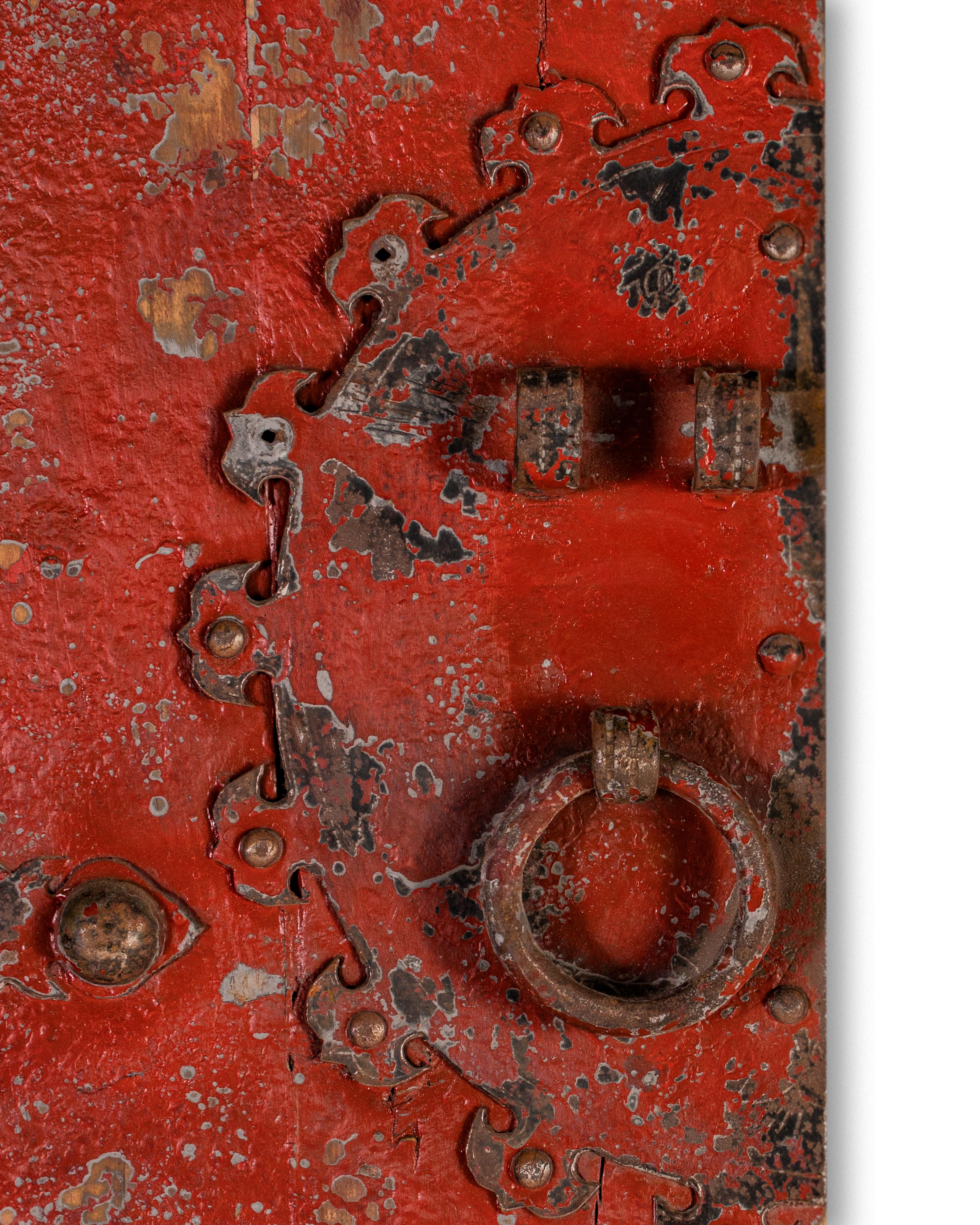 Pair of Red Patina South Asian Doors Repurposed as Wall Decor In Good Condition In Dallas, TX