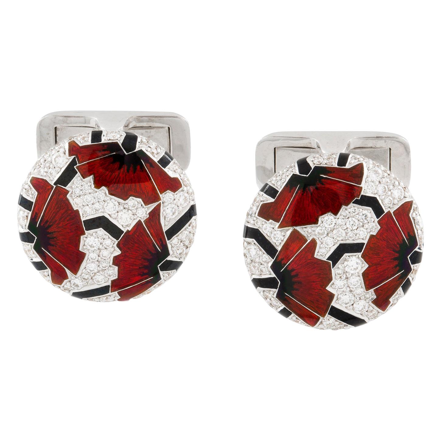 Pair of Red Poppies Art Deco Style Cufflinks by Ilgiz F For Sale