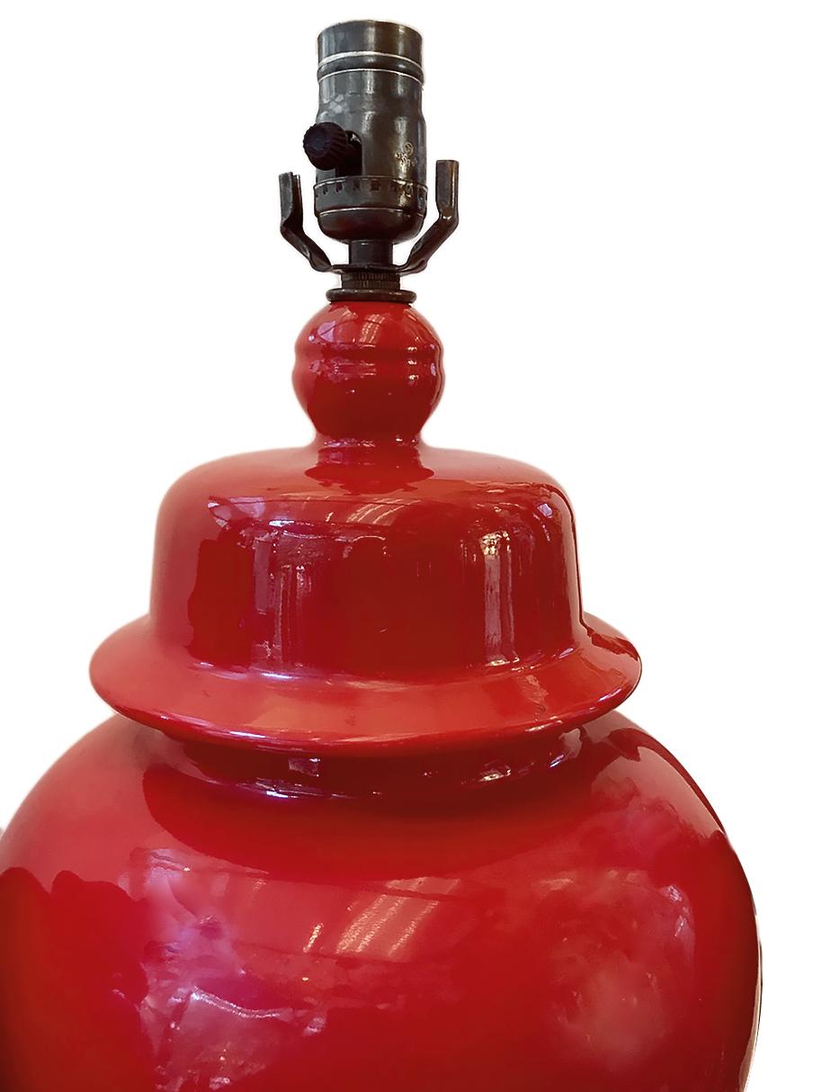 French Pair of Red Porcelain Table Lamps For Sale