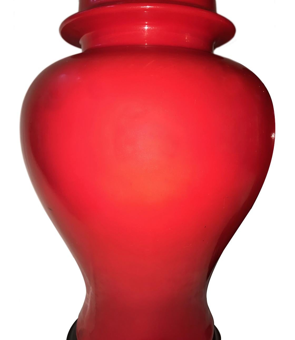 Hand-Painted Pair of Red Porcelain Table Lamps For Sale