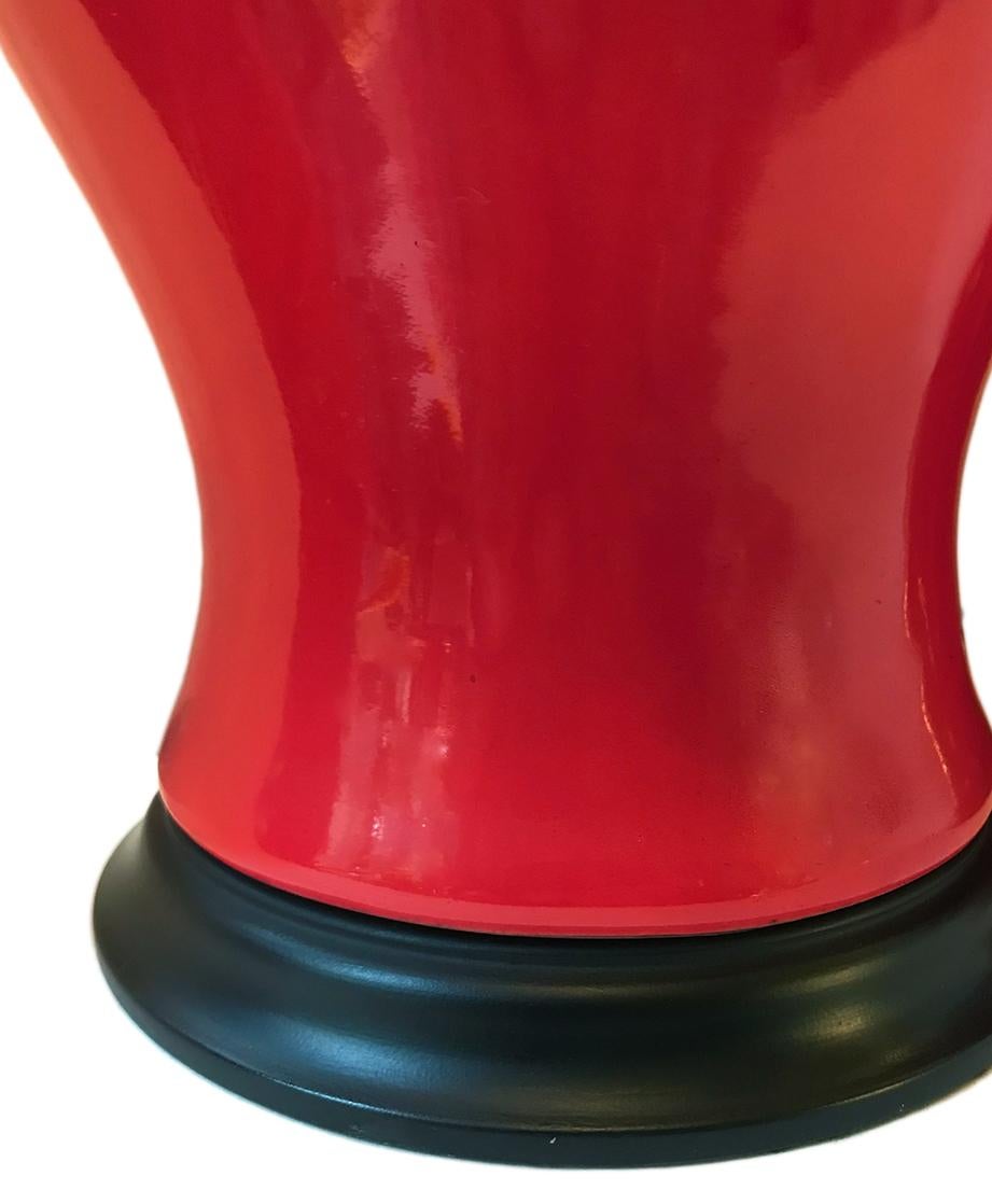 Pair of Red Porcelain Table Lamps In Good Condition For Sale In New York, NY