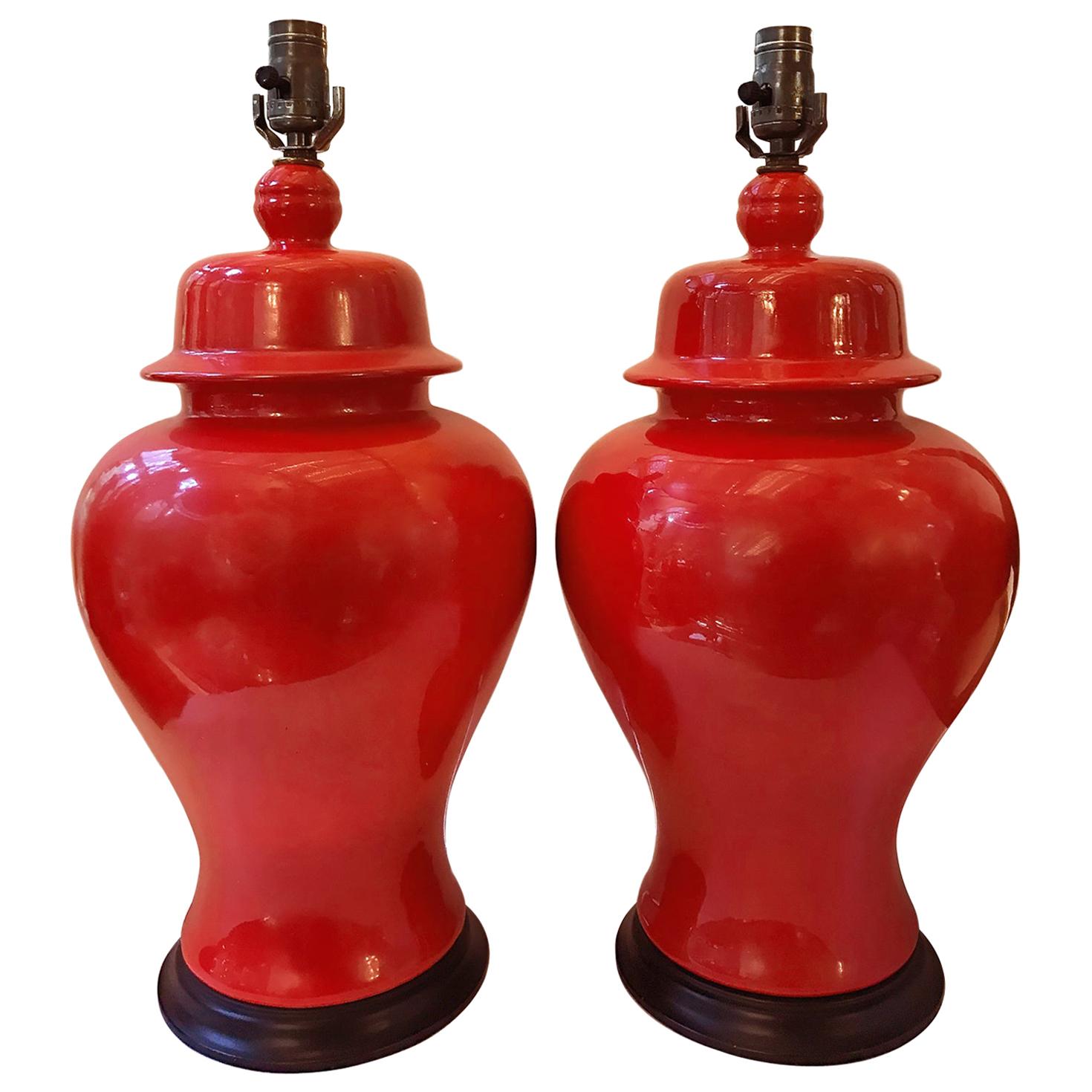Pair of Red Porcelain Table Lamps For Sale