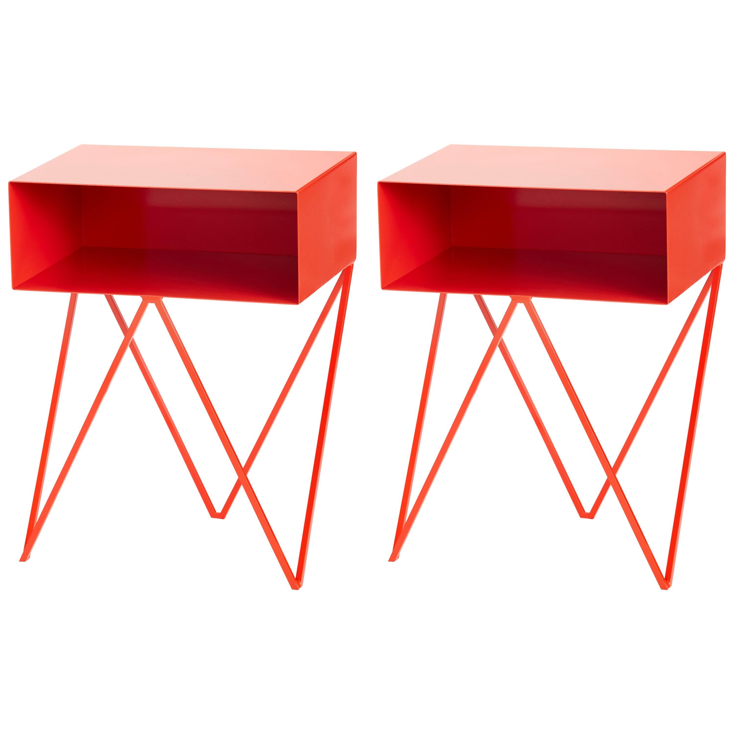 Pair of Red Powder Coated Steel Robot Bedside Tables For Sale