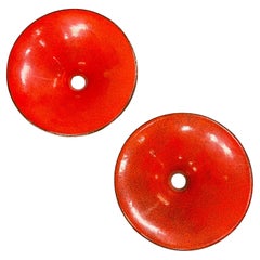Pair of Red Round Enameled Copper Door Pull Surrounds