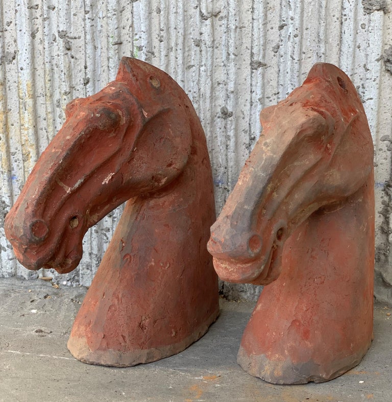 Pair of Red Sculpture Han Dynasty Gray Pottery Horse Heads '206BC-220AD' For Sale 8
