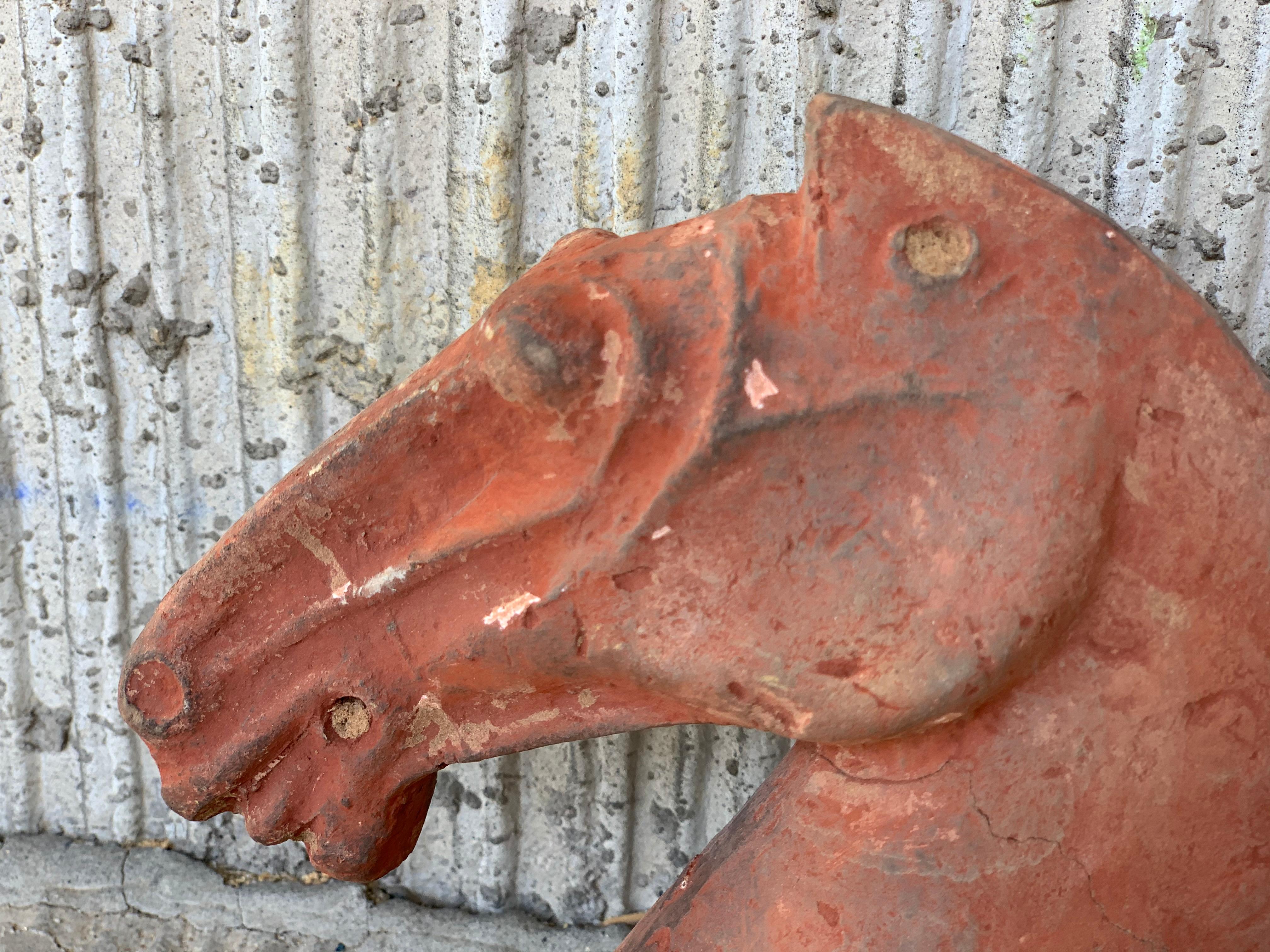 Pair of Red Sculpture Han Dynasty Gray Pottery Horse Heads '206BC-220AD' For Sale 11