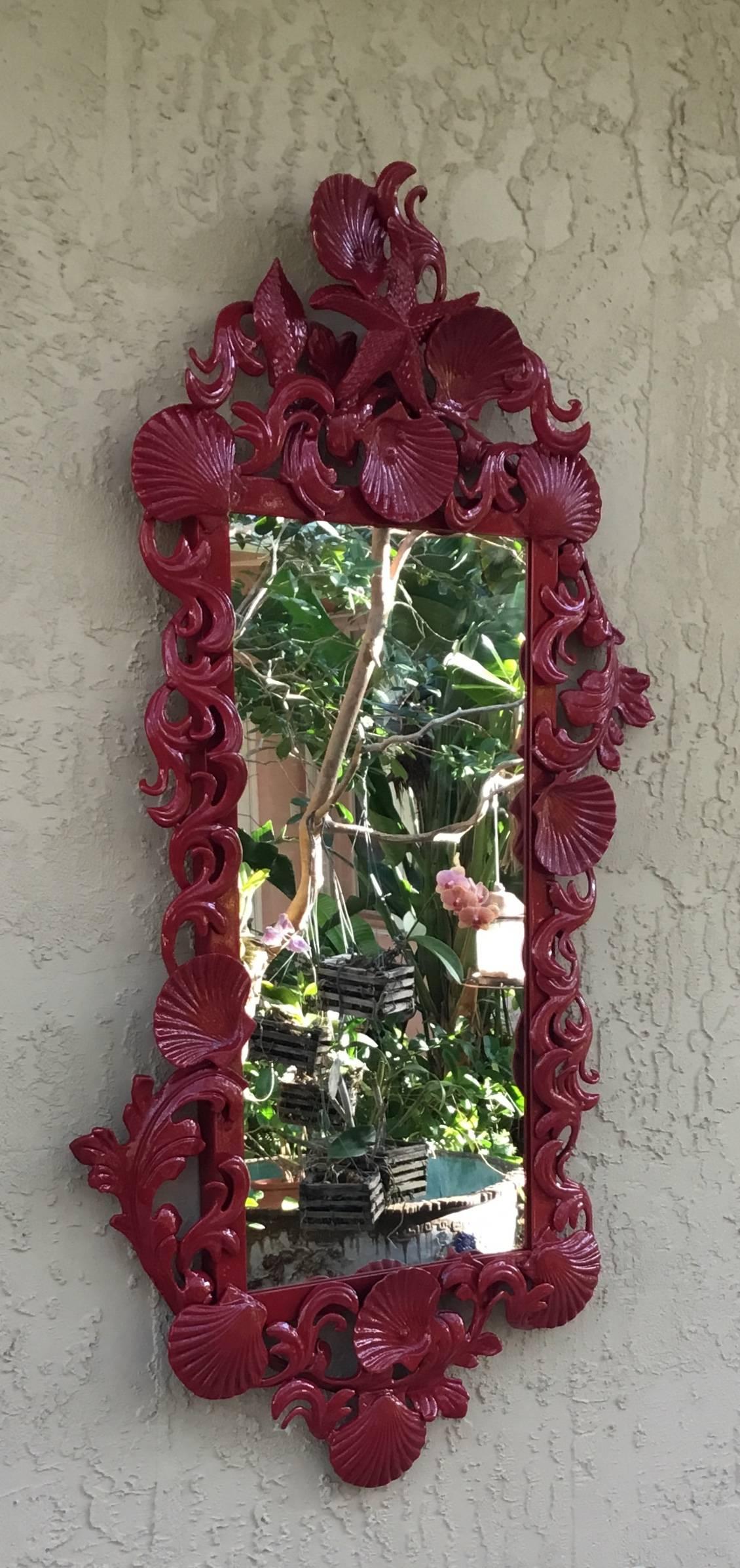 American Pair of Red Sea Shell Mirrors