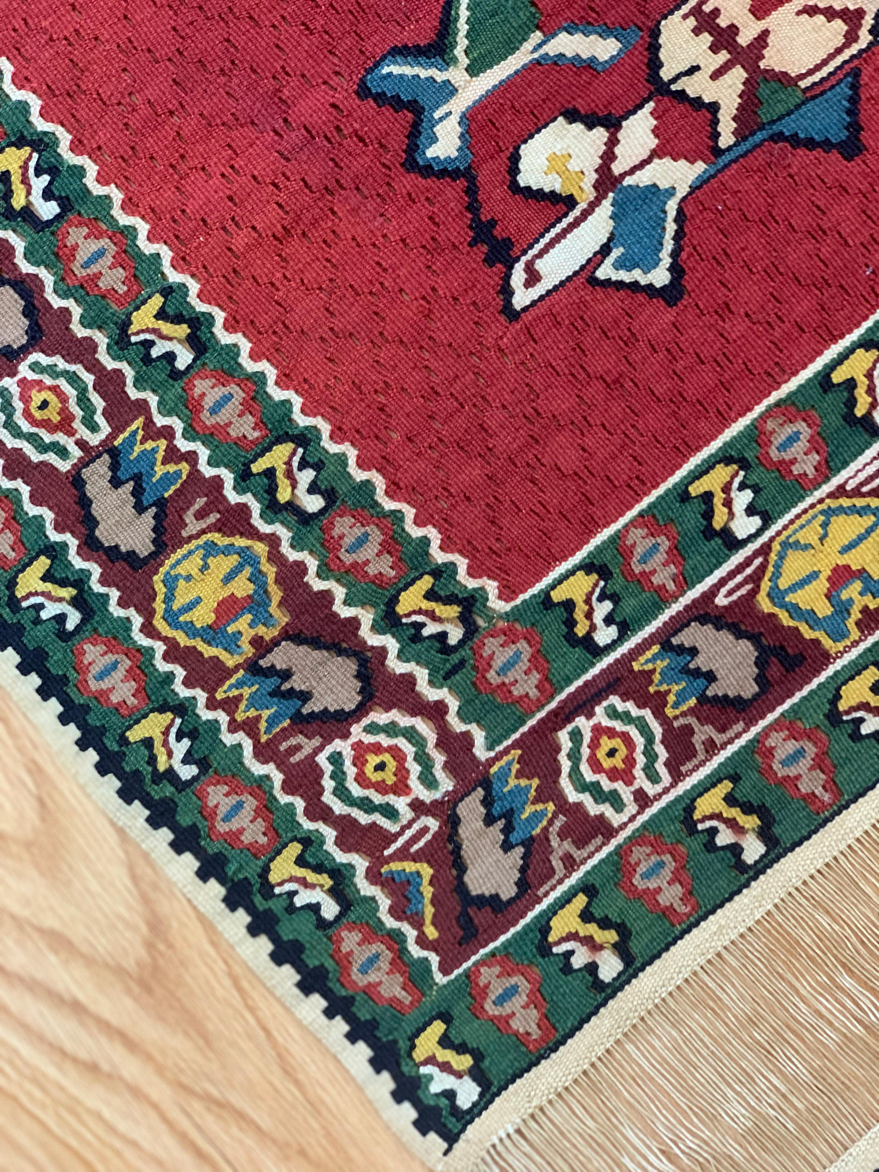 Paire de tapis Kilim en soie et laine rouges faits à la main, motifs géométriques en vente 6