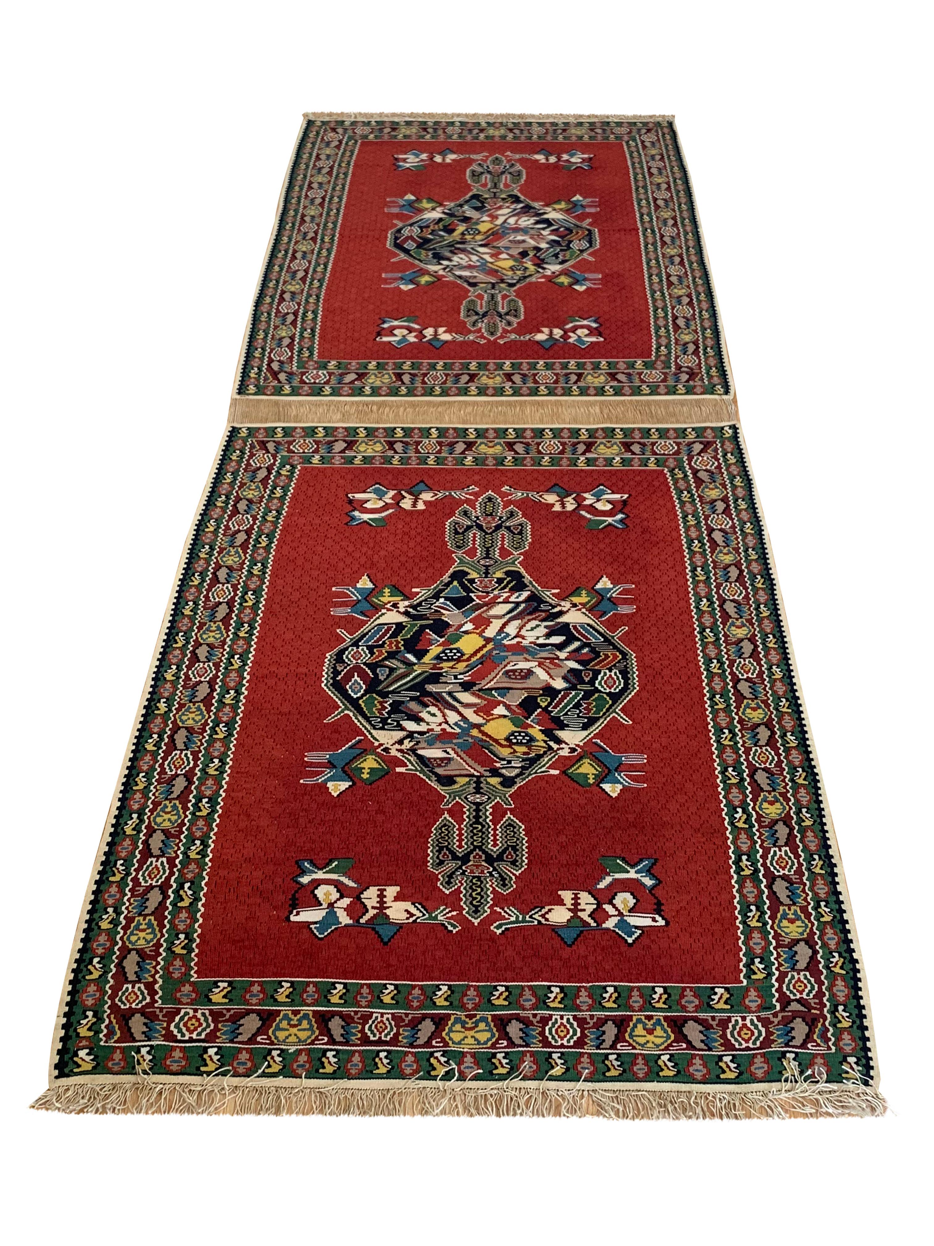 Paire de tapis Kilim en soie et laine rouges faits à la main, motifs géométriques en vente 7