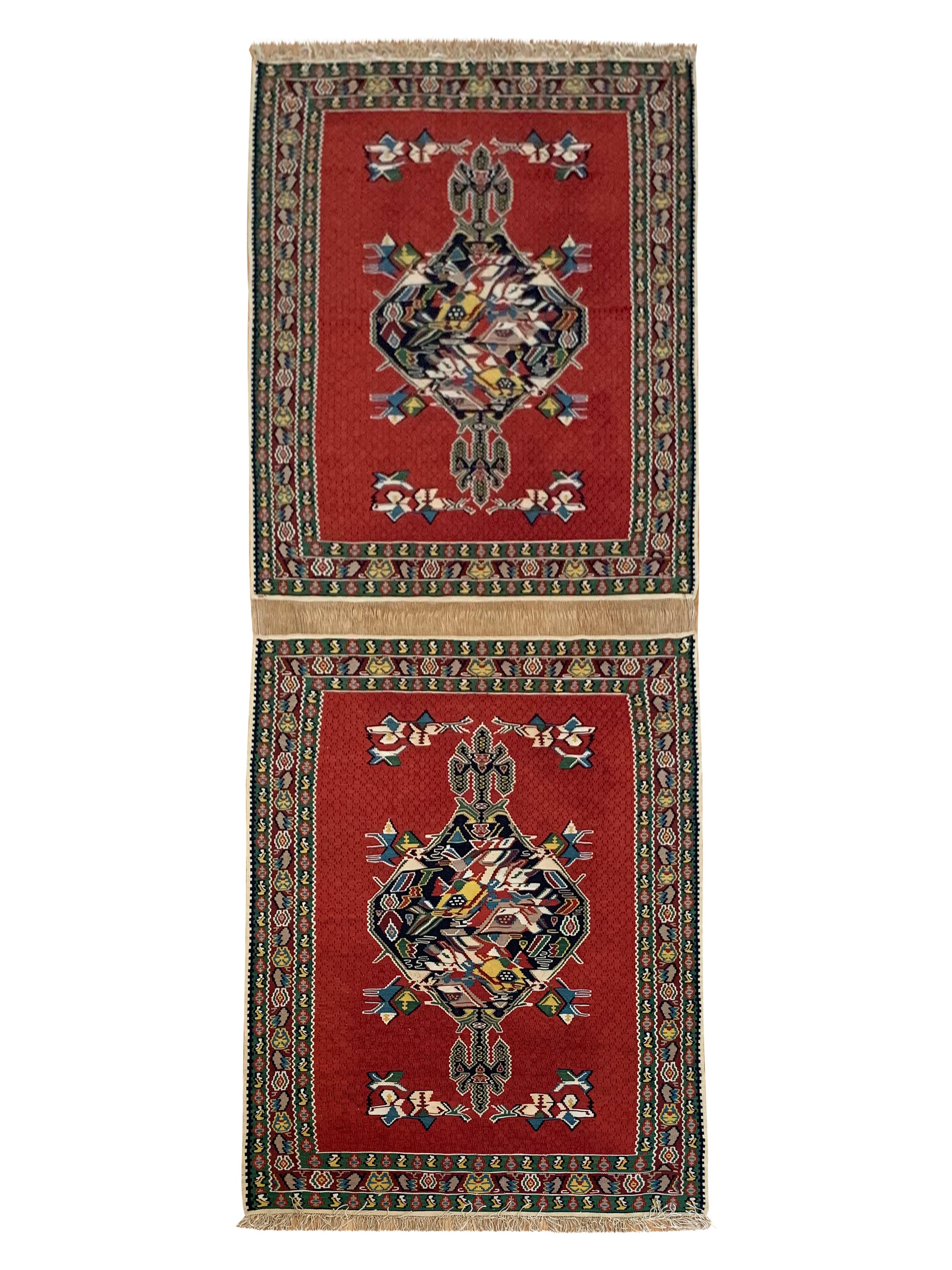 Pair of Red Silk and Wool Kilim Rugs Handmade Geometric Area Rugs For Sale 8