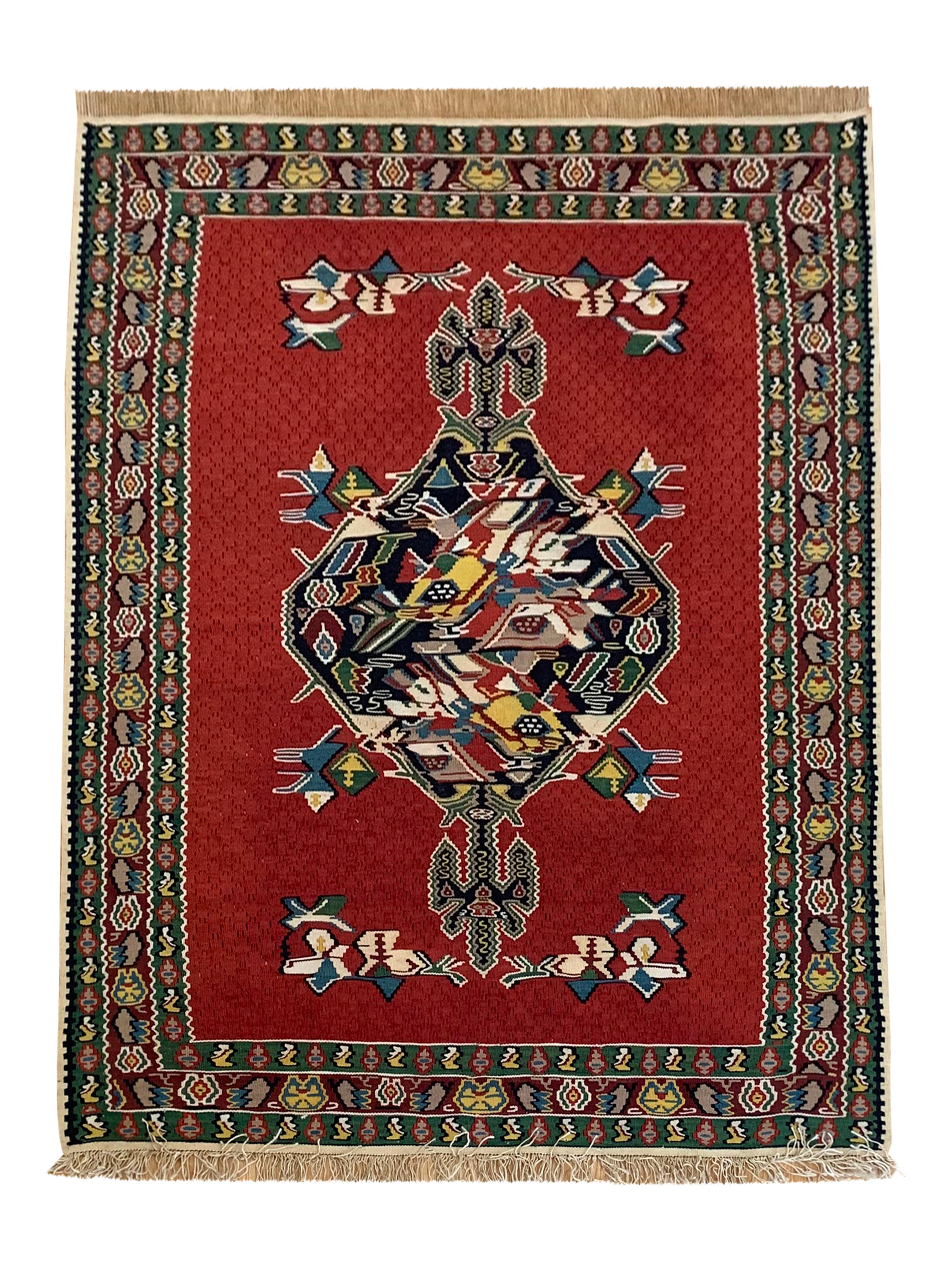 Pair of Red Silk and Wool Kilim Rugs Handmade Geometric Area Rugs For Sale 9